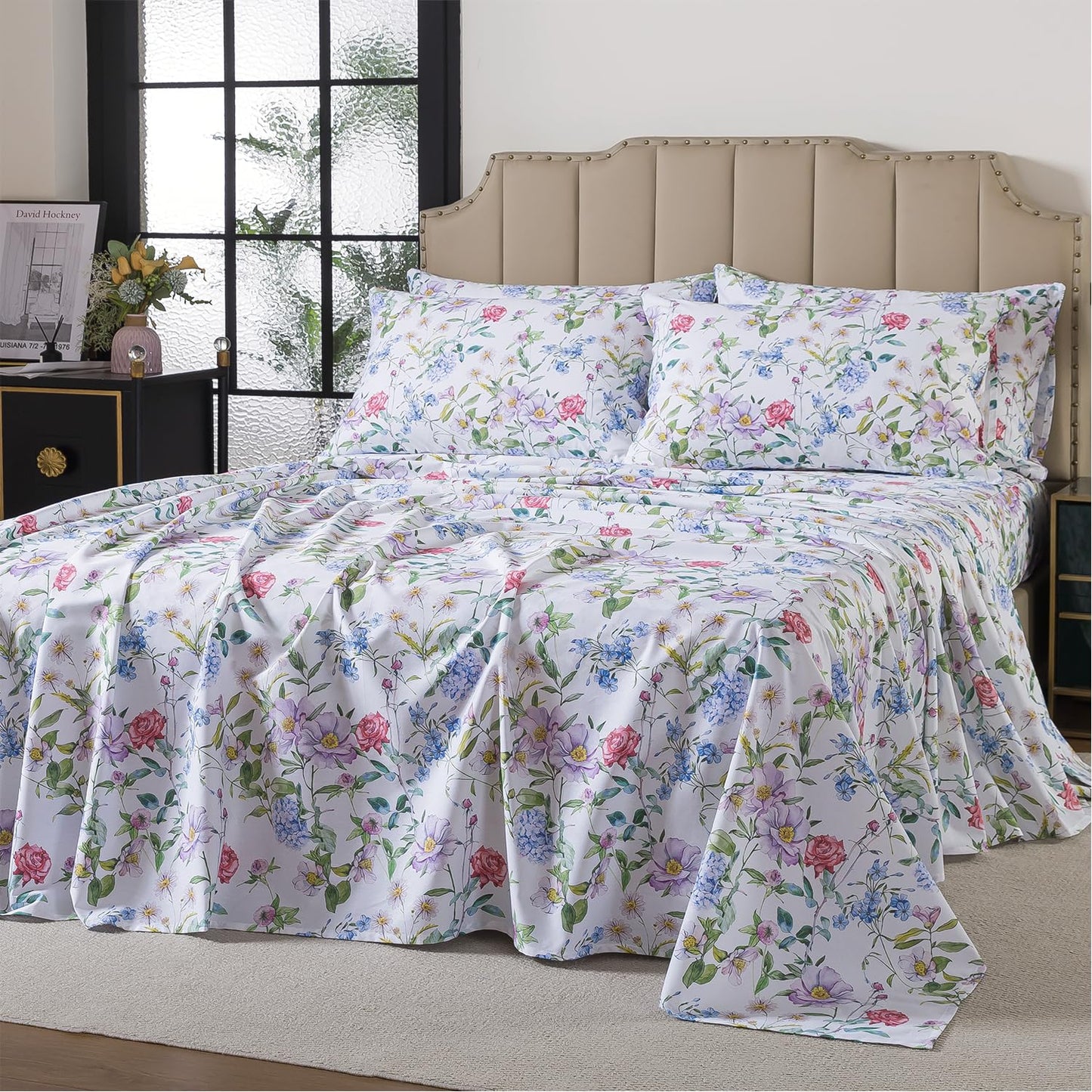 FADFAY Garden Floral Queen Sheet Set, 100% Cotton Botanical Print Bedding, Soft Breathable 4-Piece Bed Sheets with Deep Pocket, All Season