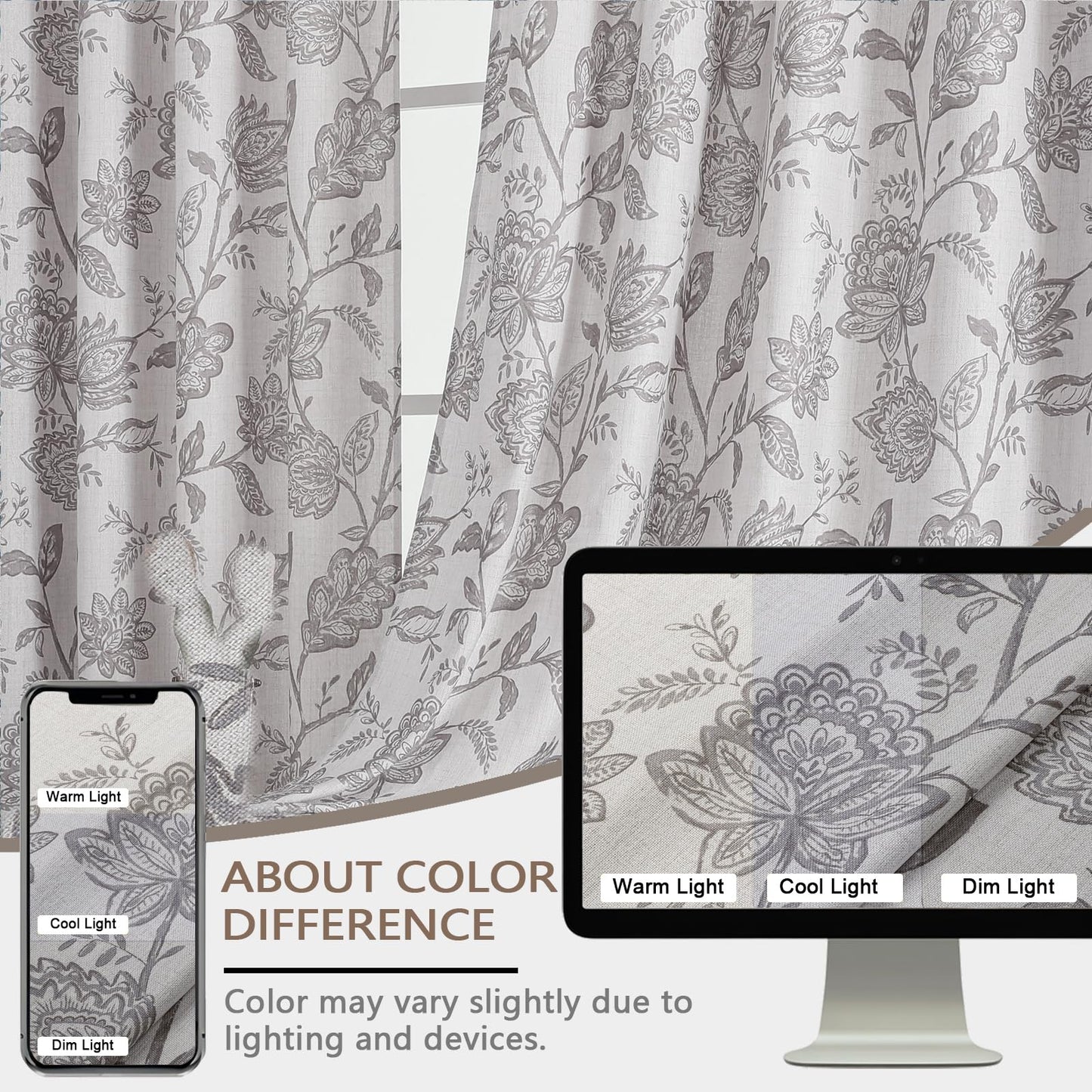 Ebesto Floral Curtains 63 Inch Length - Light Filtering Faux Linen Flower Printed Window Curtains for Bedroom, Rod Pocket No-See Through Privacy Drapes, 2 Panels, Each 40Wx63L Inches, Grey