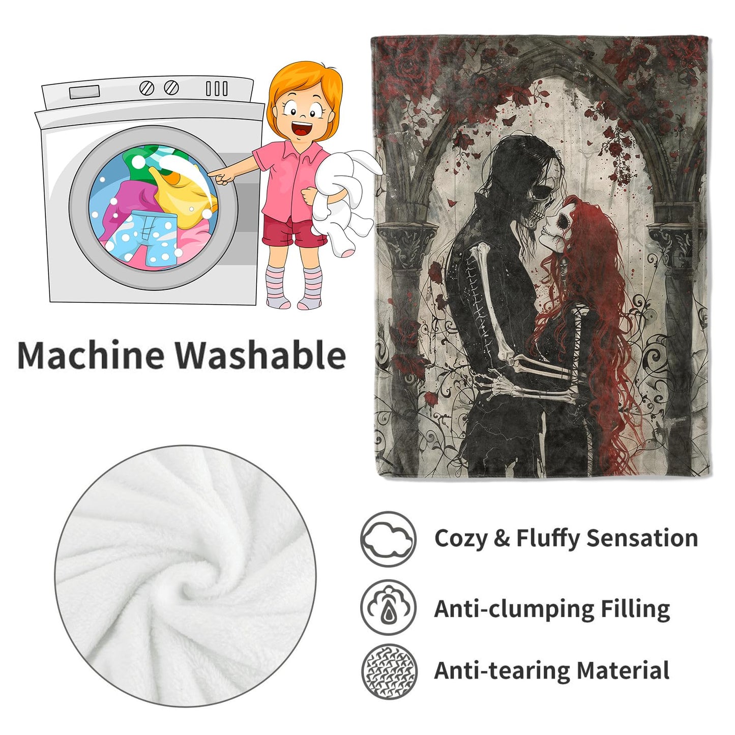VODRM Gothic Romance Skull Lovers Blanket,Red Rose Skeleton Throw Blankets,Gifts for Women Men, Lightweight Soft Fleece Cozy,for Sofa Couch Bed Room Travel,Festival Halloween Goth Decor,50x60in