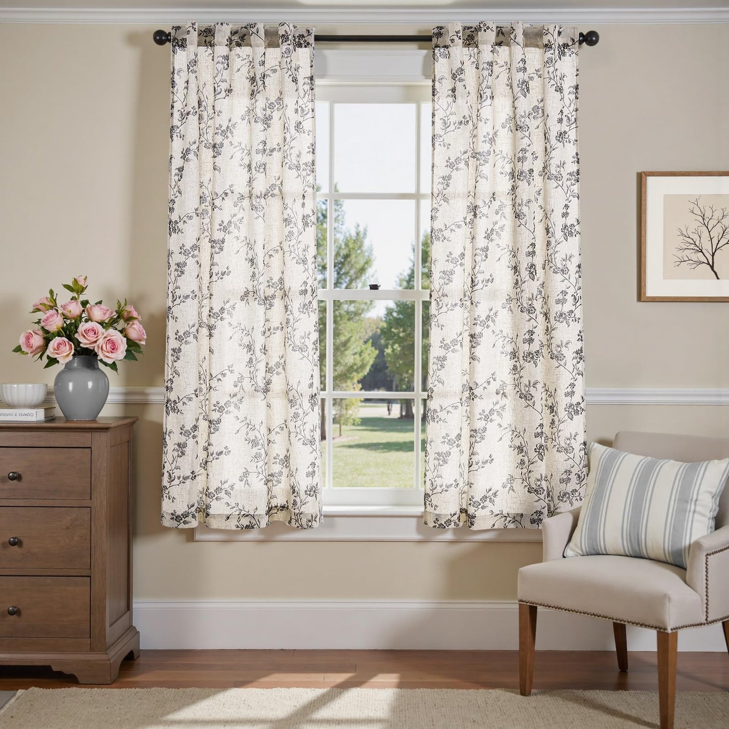 jinchan Linen Floral Curtains 63 Inch Farmhouse Country Flower Drapes Rustic Window Curtains Light Filtering for Living Room Bedroom Laundry Back Tab 2 Panels Black on Beige