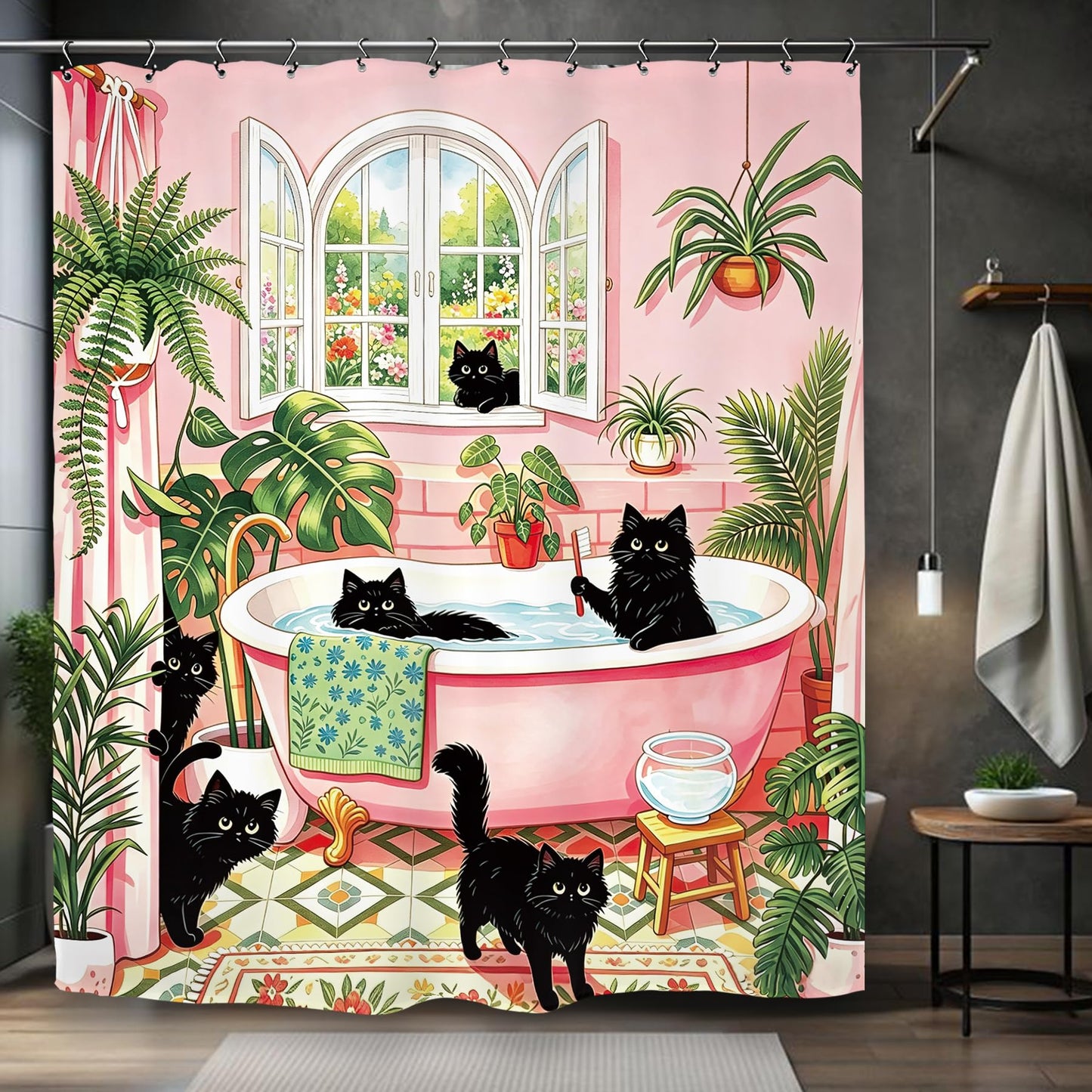 Kalmico Funny Black Cat Cute Shower Curtain 60Wx72L Inch Tropical Pink Green Lovely Kitten Botanical Bathroom Set Accessories Decor with 12 Pack Hooks