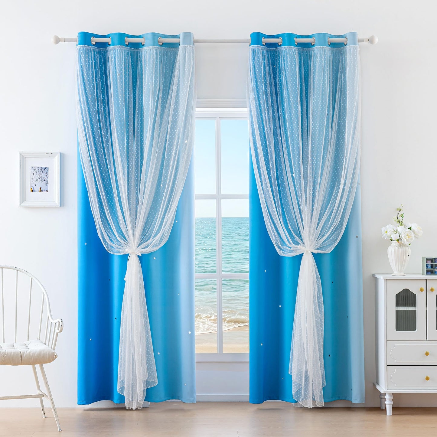 MYSKY HOME Kids Curtains Blue for Boys Bedroom Decor 63 Inches Long Ombre for Living Room Nursery, Thermal Insulated Blackout Star Cut Out Curtain Grommet Drapes, W52 x L63 Inches, 2 Panels