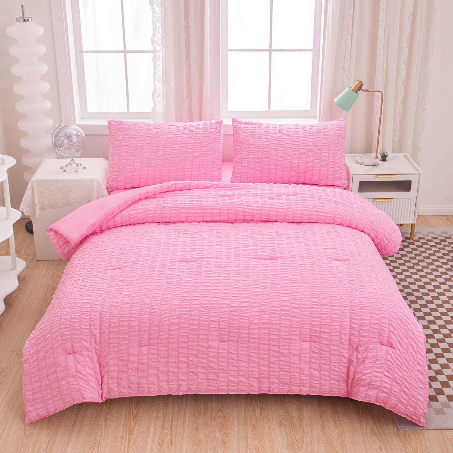 Yadangxiawa Twin Bed in a Bag Pink Seersucker Comforter Set 5-Pieces Microfiber Lightweight Comforter All Season Bedding Sets with Comforter,Flat Sheet,Fitted Sheet and Pillowcases