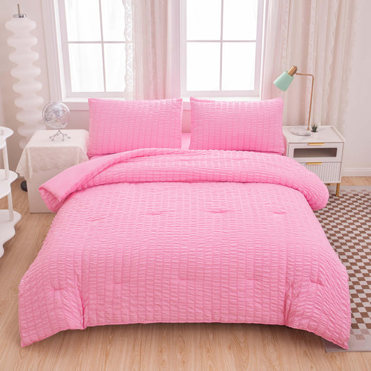 Yadangxiawa Twin Bed in a Bag Pink Seersucker Comforter Set 5-Pieces Microfiber Lightweight Comforter All Season Bedding Sets with Comforter,Flat Sheet,Fitted Sheet and Pillowcases