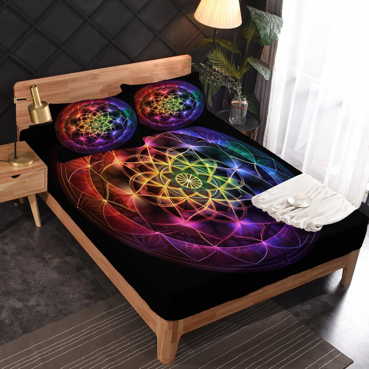 zcsm Mandala Sheets King Sheet Sets - Chakra Bed Sheets, Soft Microfiber & Deep Pocket & Wrinkle Free Patterned Bedding Sheets & Pillowcases, 4 Piece (1 Fitted Sheet, 1 Flat Sheet, 2 Pillow Cases)