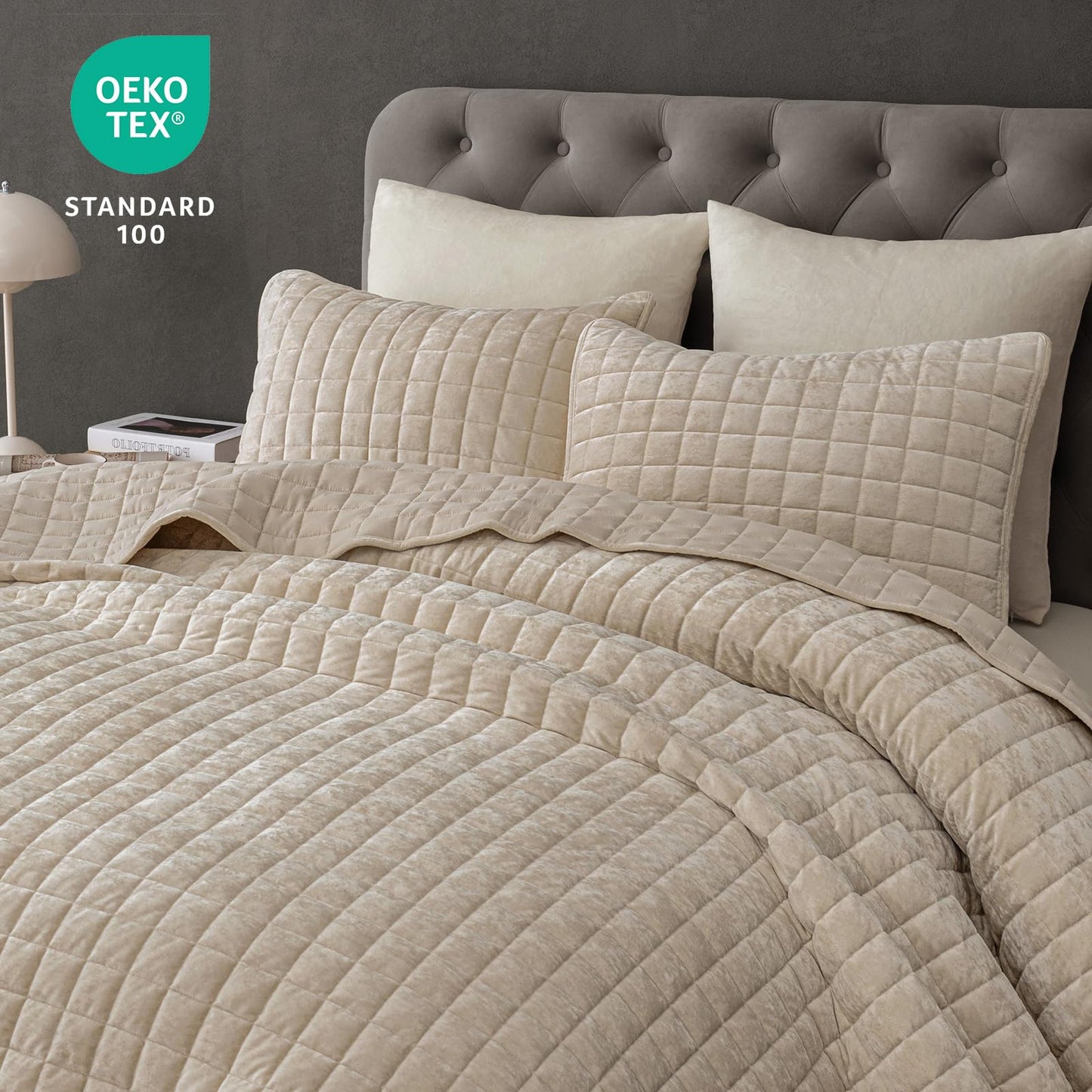 PHF Luxurious Velvet Quilt Set Queen Size – 3PCS Super Soft Quilted Comforter Alternative with Square-Box Quilt Pattern, Warm Quilted Bedspread Coverlet, 90" x 92", Oxford Tan