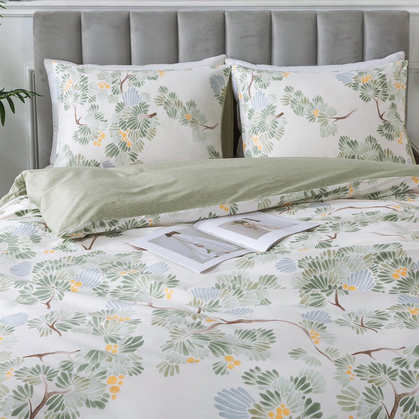 HoneiLife Duvet Dover Queen Size - 100% Cotton Comforter Cover Botanical Bedlinen Set with Zipper Closure & Corner Ties, 3-PC Forest Comforter Cover Sets