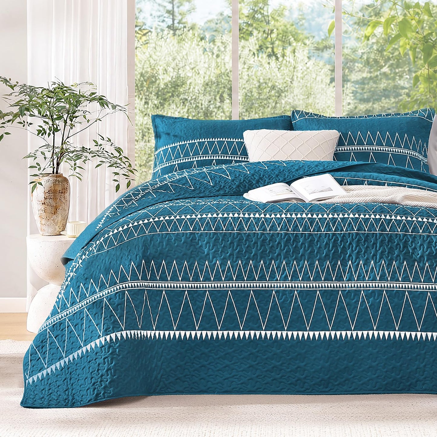 Andency Teal California King Quilt Set, 3 Pieces Boho Lightweight Soft Striped Cal King Bedspread for All Season (112"x104"), Printed Bohemian Polyester Reversible Coverlet Comforter Sets