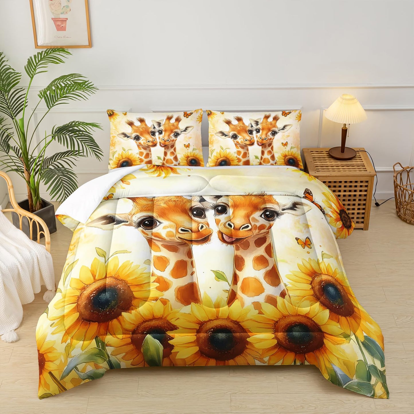 lneffble Sunflower Giraffe Comforter Set Twin Size for Girls,Yellow Giraffe Bedding Set,Flower Butterfly Print Animals Bedding Set,Wildlife Quilt Set,Leopard Pattern Bed Comforter Set