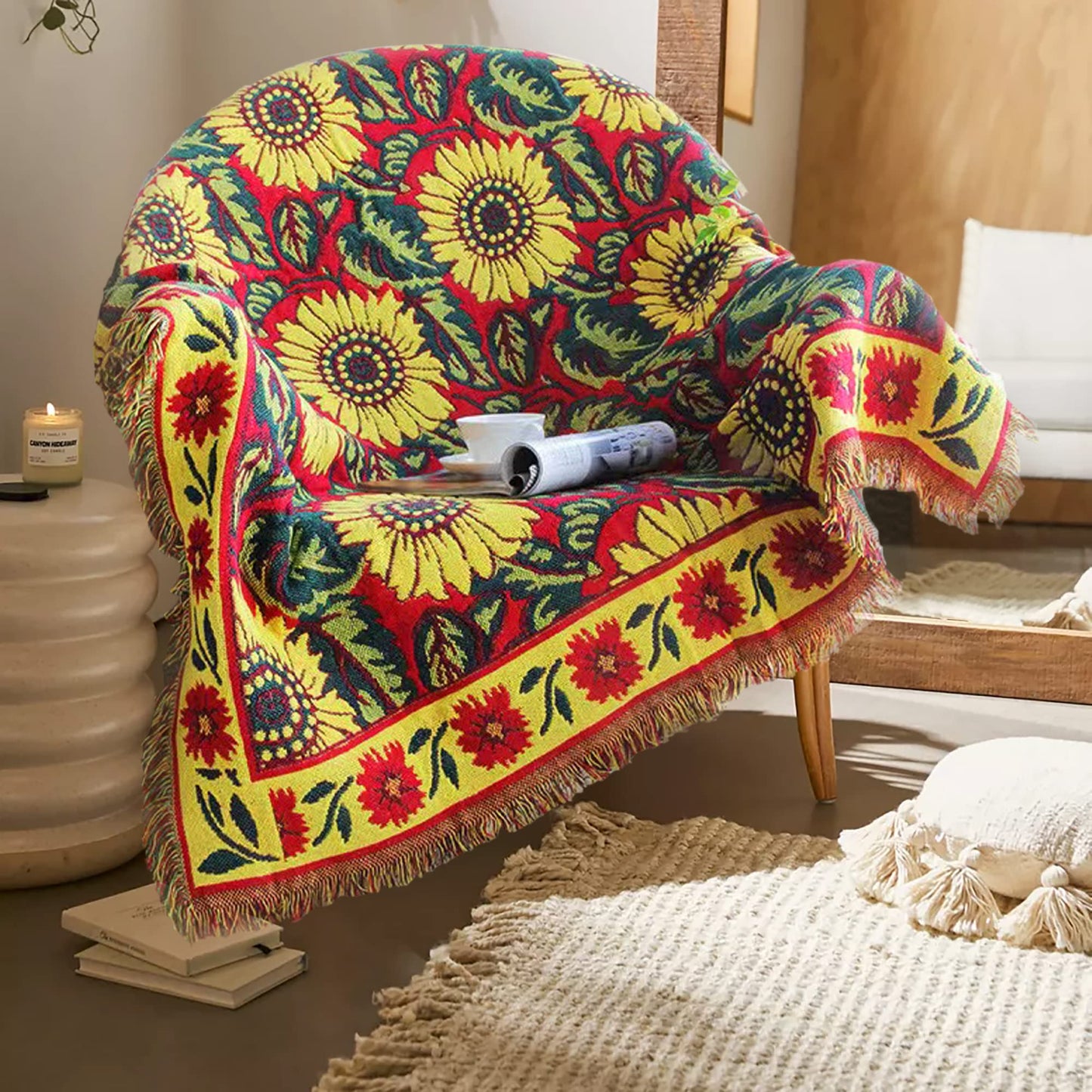 JIABOLANG Red Sunflower Throw Blanket with Fringe Boho Throw Blankets Recliner Chair Couch Sofa Cover Woven Reversible Cotton Bohemian Tapestry Hippie Room Home Decor Double Side 50"x70"