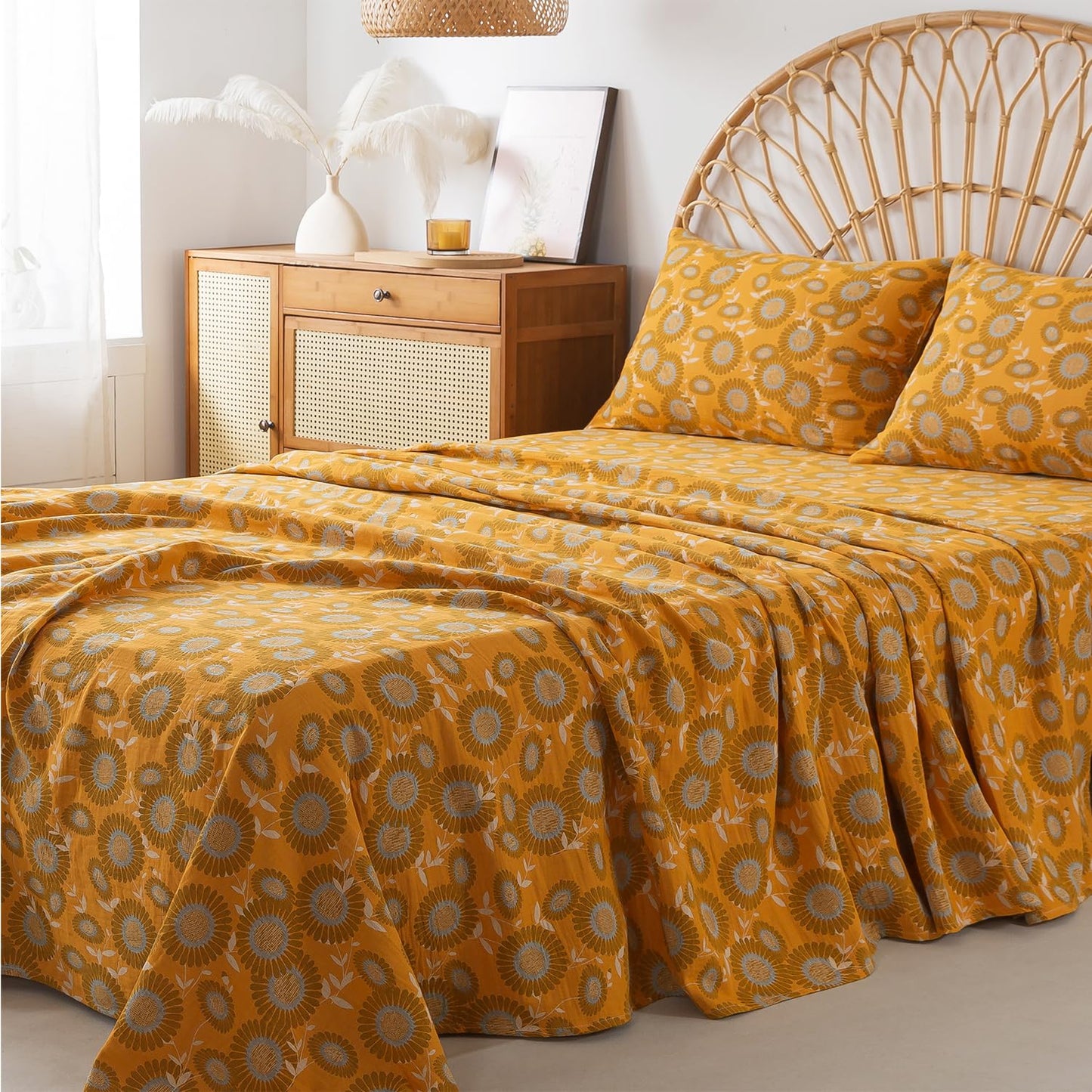 FADFAY Double Gauze 100% Cotton King Sheets Set Floral Bed Sheets Deep Pocket Fitted Sheet, Luxury Sunflower Pattern Shabby Vintage Countryside Style Bedding 4Pcs