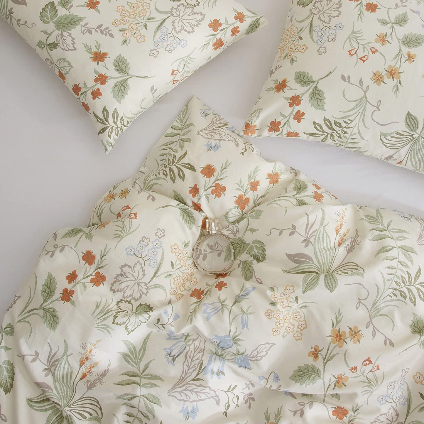 mixinni Floral Duvet Covers Queen Size Botanical Flower Leaf Printed on White Bedding Duvet Cover Set with Zipper Closure Ties for Him and Her 1 Duvet Cover with 2 Pillowcases-(3pcs, Queen Size)