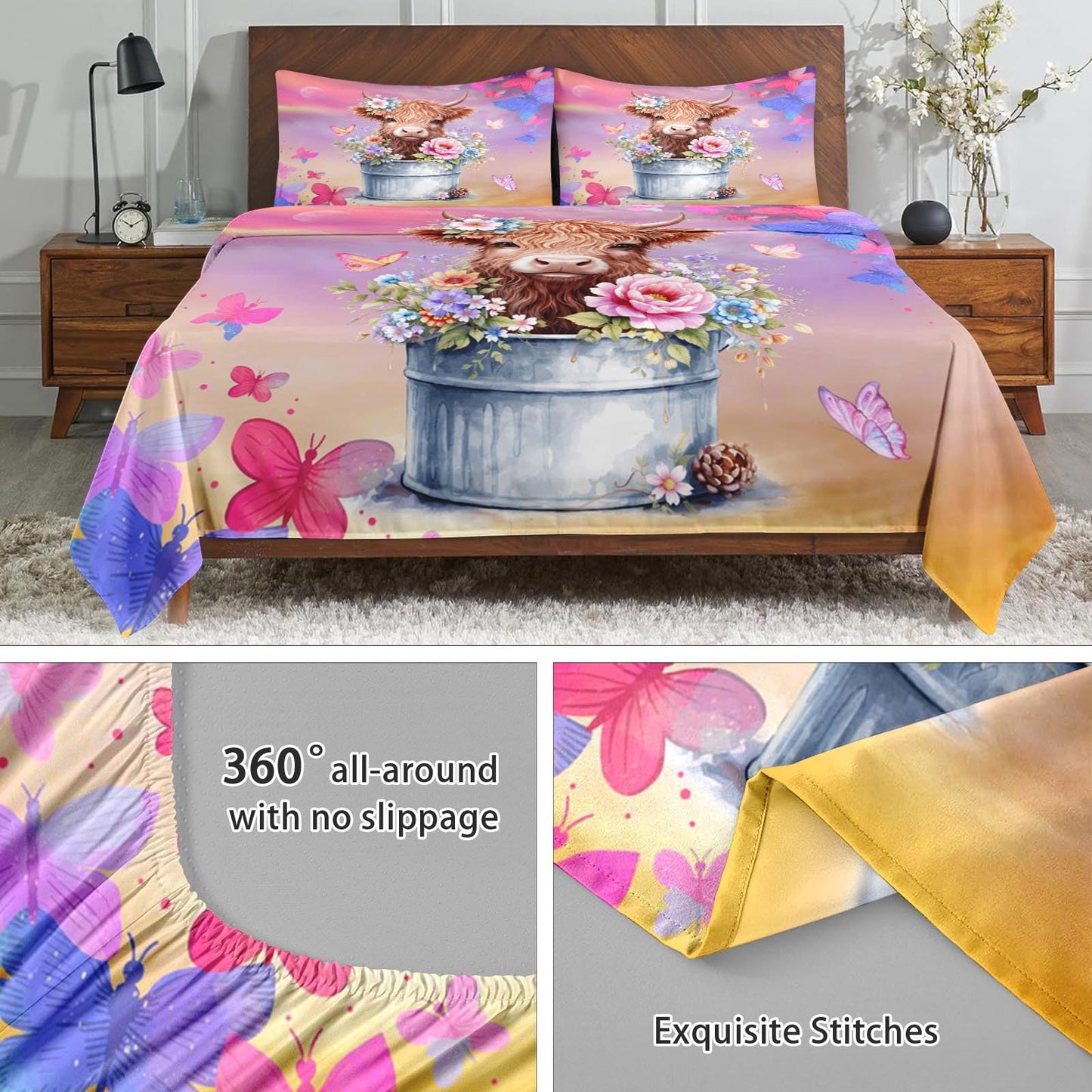 WeCozy 4 Pcs Queen Size Bed Sheet Sets with 2 Pillowcases, Cow Butterfly Floral Soft Microfiber Bedding for Kids and Adults, Boho Highland Cow Flat, Fitted Sheet for Bedroom Bed Decor