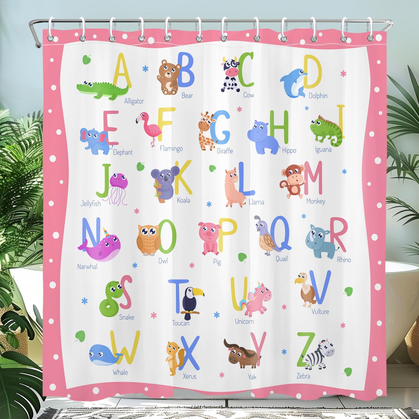 Mayormyth Kids ABC Shower Curtain Cute Alphabet Animal Educational Learning Shower Curtains for Girls Boys Cartoon Polka Dots Bathroom Curtain Polyester Waterproof Cloth Fabric with Hooks 72x72 Inches