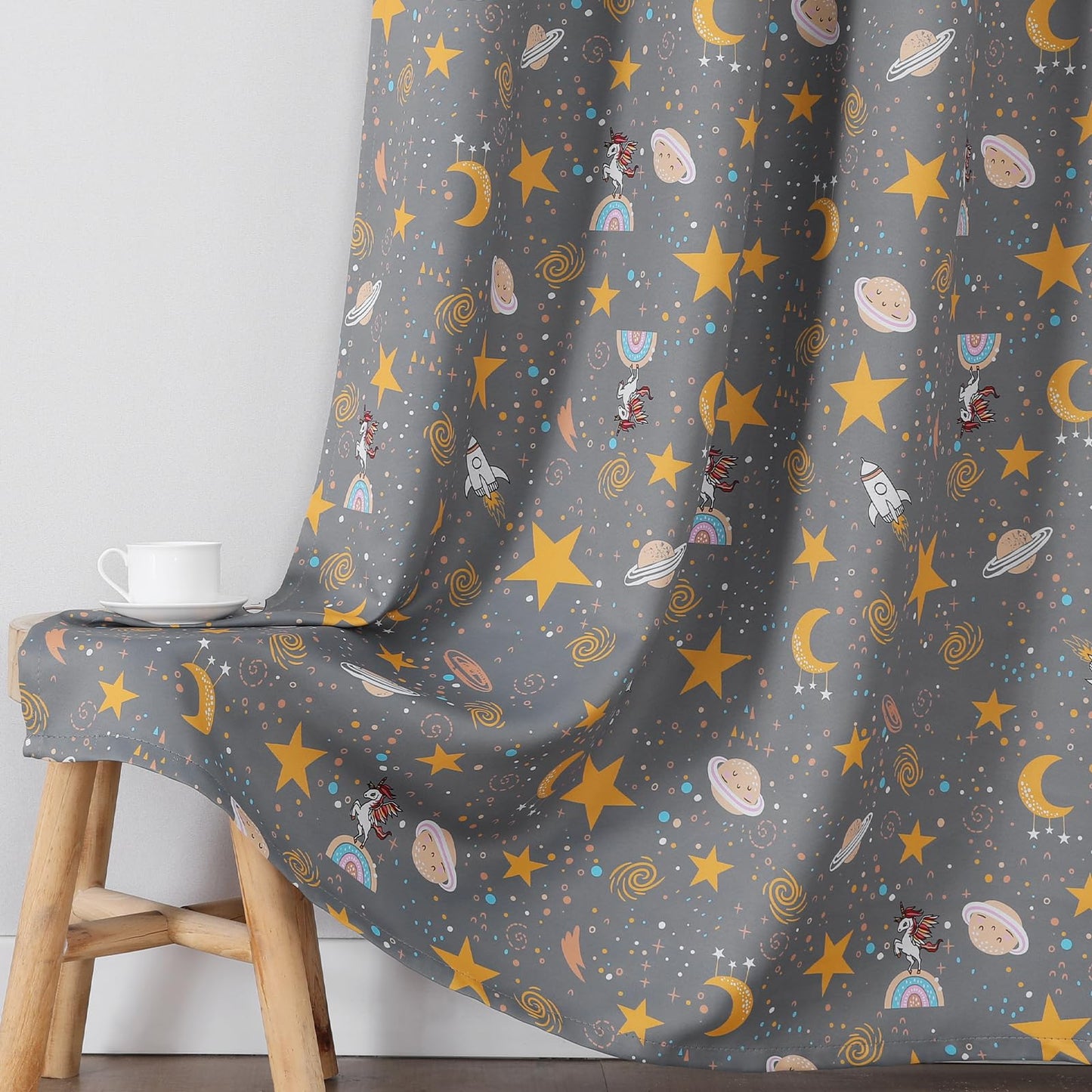 Estelar Textiler Planets Unicorn Printed Grey Blackout Curtains for Nursery Bedroom, Thermal Insulated Room Darkening Star Moon Pattern Grommet Window Drapes for Toddler Room,Gray, W38 x L63, 2 Panels