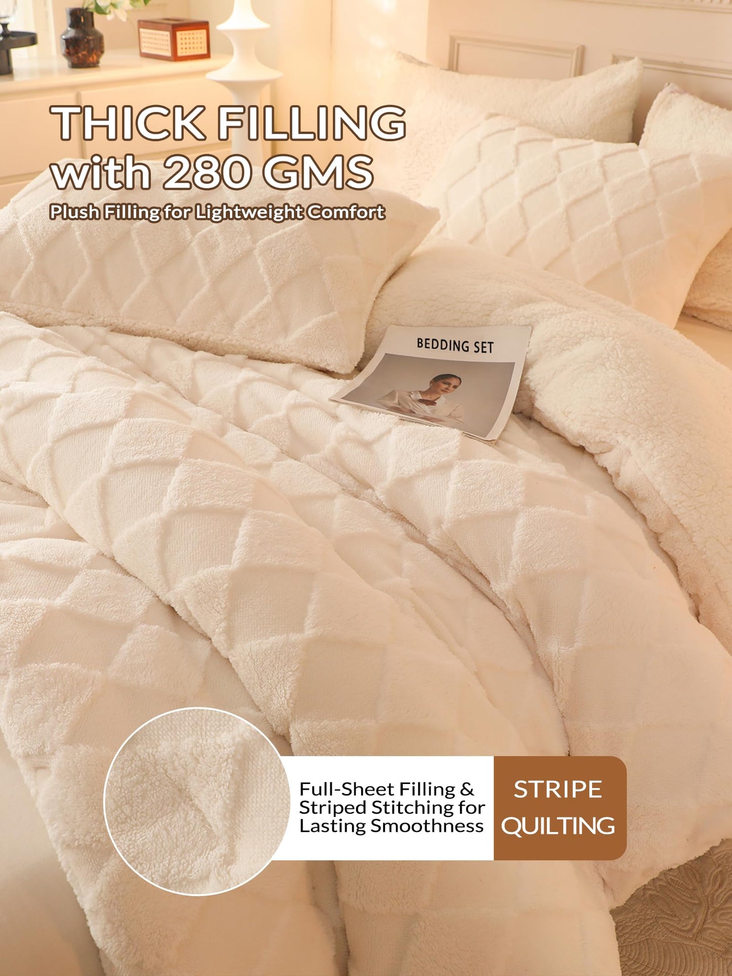 hadamick Tufted Fleece Comforter Set King - Super Soft Warm Fluffy Shaggy Bedding Sets, Diamond Plaid Jacquard Bed Set for Winter, 1 Sherpa Comforter with 2 Pillow Cases (104"X90" Ivory White)