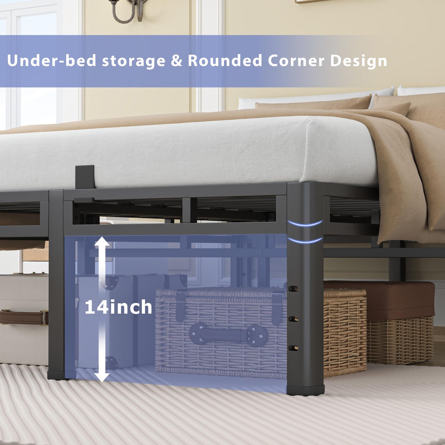 NKZ 18 Inch King Size Bed Frame, Metal Bed Frame & Box Spring 2 in 1 Platform with Round Corner Legs, 4000Lbs Heavy Duty Metal Frame, Mattress Slide Stopper, Headboard Hole, Noise-Free, Easy Assembly