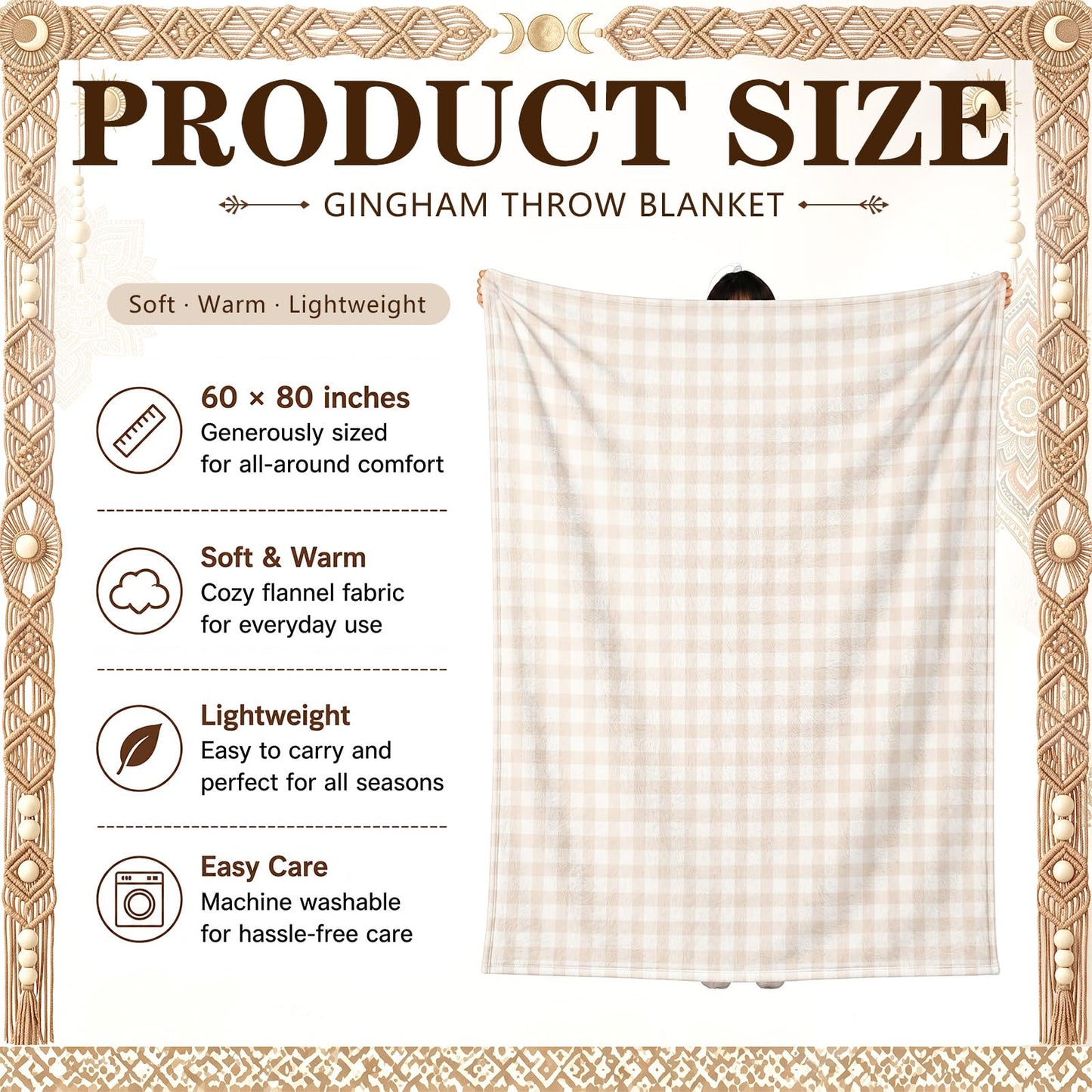 Fanfanwin Beige Gingham Throw Blanket for Couch, 50x60 Inch Checkered Plaid Flannel Blanket for Sofa Bed, Soft Cozy Throw for Farmhouse Boho Neutral Home Decor All Seasons Gift