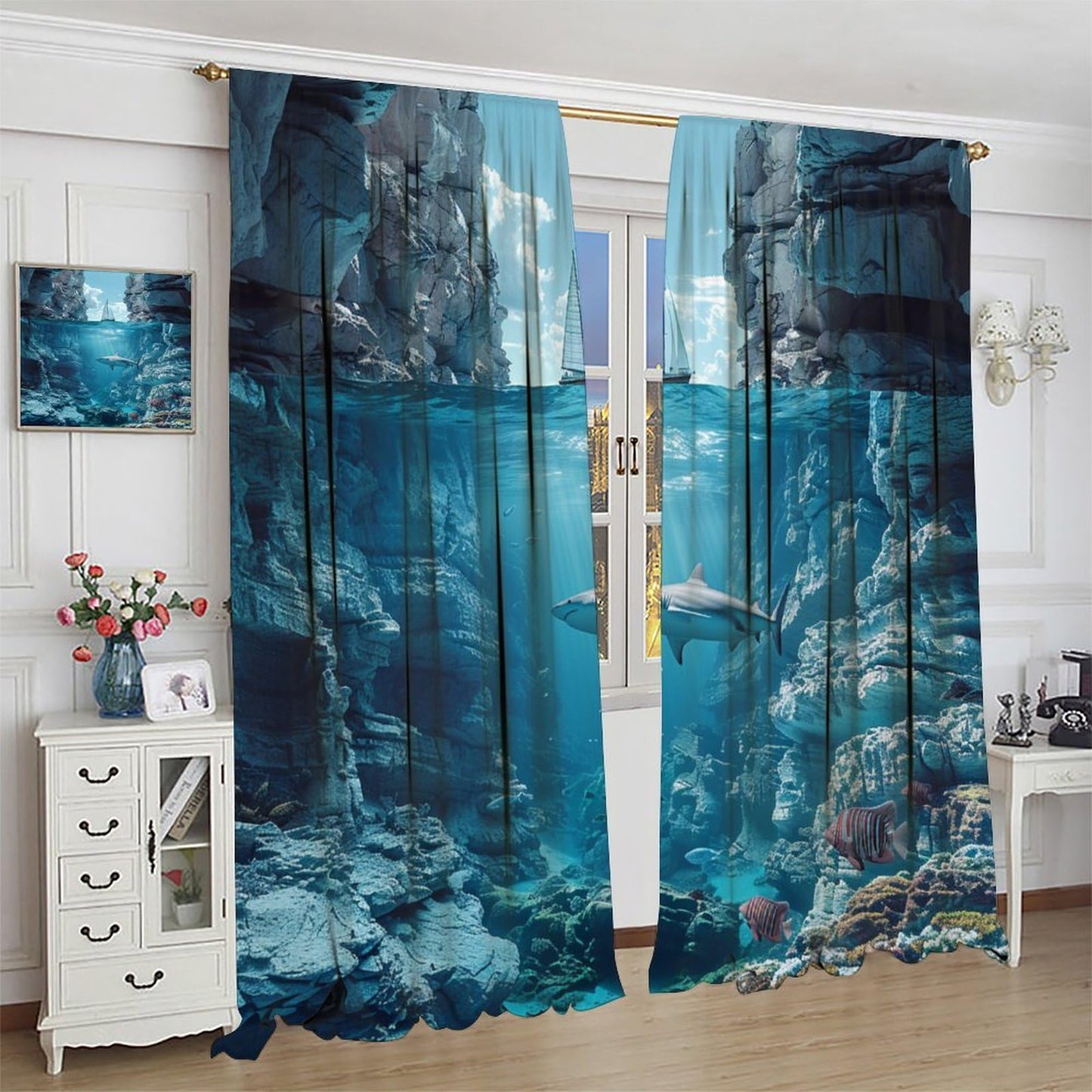 TOWINSFB Nautical Sailboat Shark Blackout Curtains for Living Room Bedroom, Ocean Rock Coral Fish Scenery Window Curtains Rod Pocket Thermal Insulated Window Drapes, 2 Panels, Each 21W x 45L