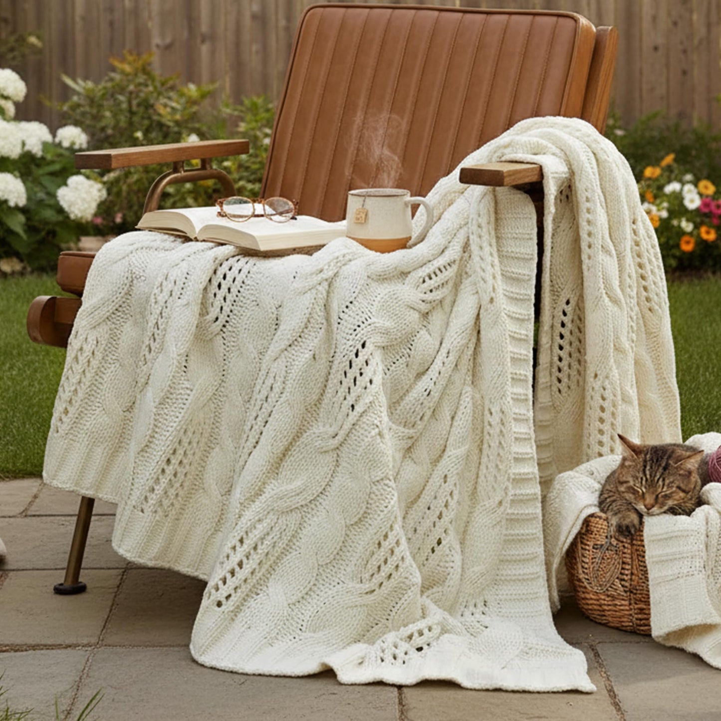 Amélie Home Chunky Knit Throw Blanket, Dual-Sided Soft Chenille Breathable Cable Knitted Blanket for Couch, Farmhouse Decorative Throw for Sofa & Chair, 50"x60", Ivory