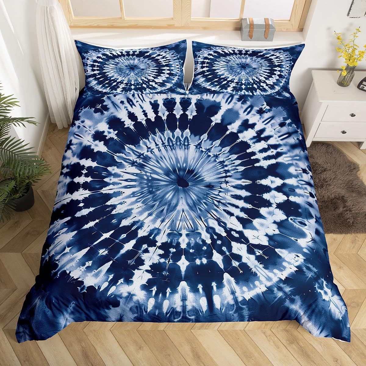 Erosebridal Tie Dye Comforter Cover Purple Spiral Swirl Duvet Cover Batik Gypsy Bedding Set Modern Abstract Pattern Quilt Cover, Navy Blue, Room Decorative 3 Pcs Queen Size, Lightweight