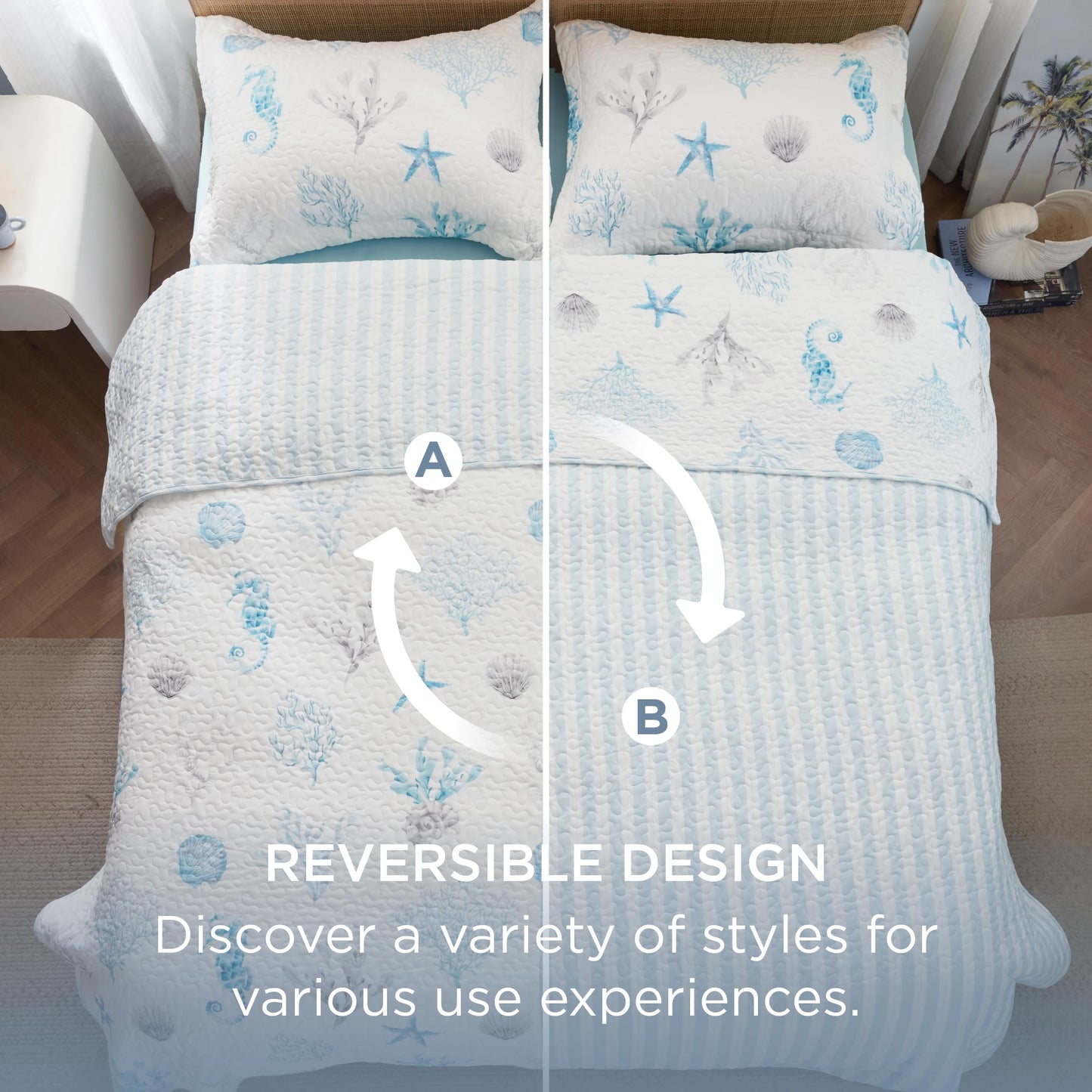 Bedsure Coastal Bedding Quilts Queen Size - Lightweight Summer Comforter Queen Size, Reversible Beach Bedding Nautical Bedspread, Soft Microfiber Blue & White Coverlet for All-Season(90"x96")