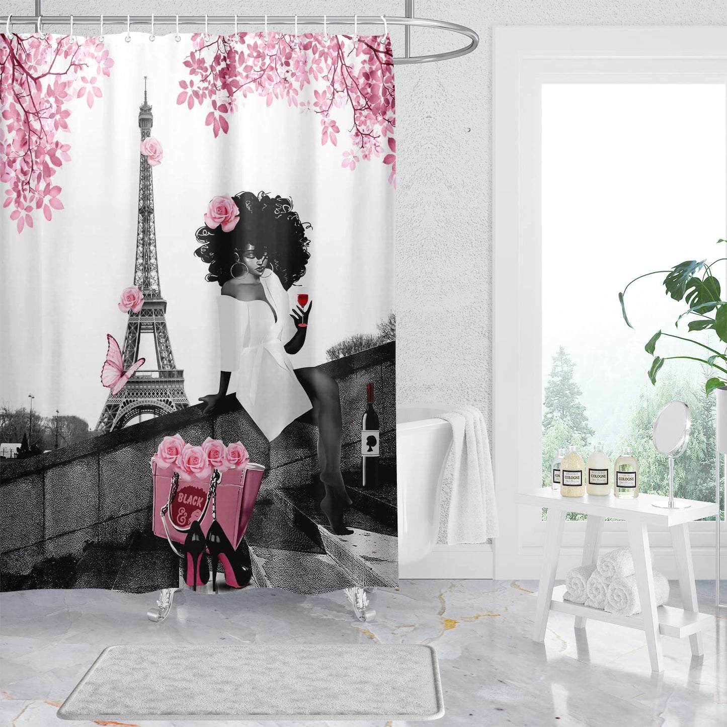 TYAKASHA Shower Curtain African American Woman Afro Lady withn Pink Rose Fashion Black Girl Eiffel Tower 72x72 Inches Waterproof Fabric Polyester with 12 Hooks for Bathroom Decor