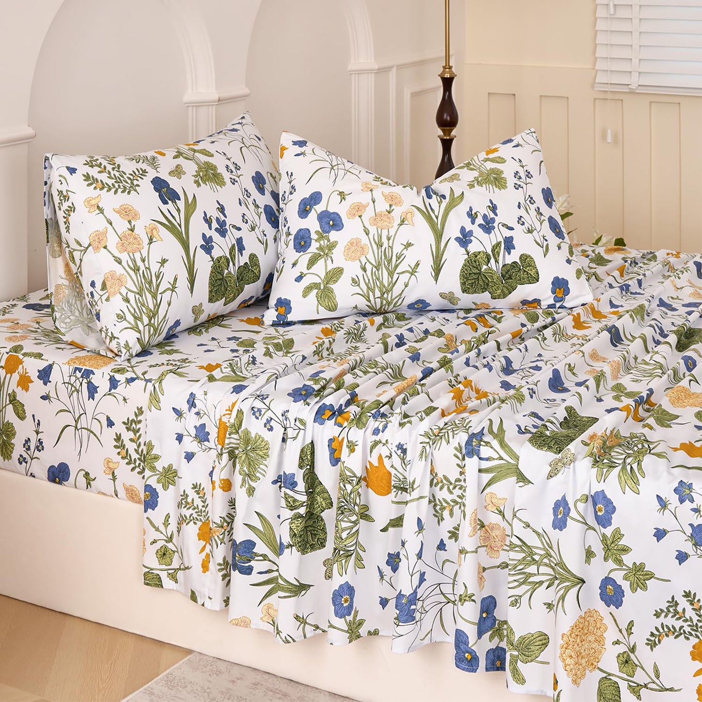 Huborise Green Floral Bed Sheets Set King Size 100% Percale Cotton Yellow & Blue Flower Printed Sheets, Soft & Breathable, Leaf Pattern Botanical Bedding Luxury Deep Pocket Fitted Sheet 17.5" 4 Pcs
