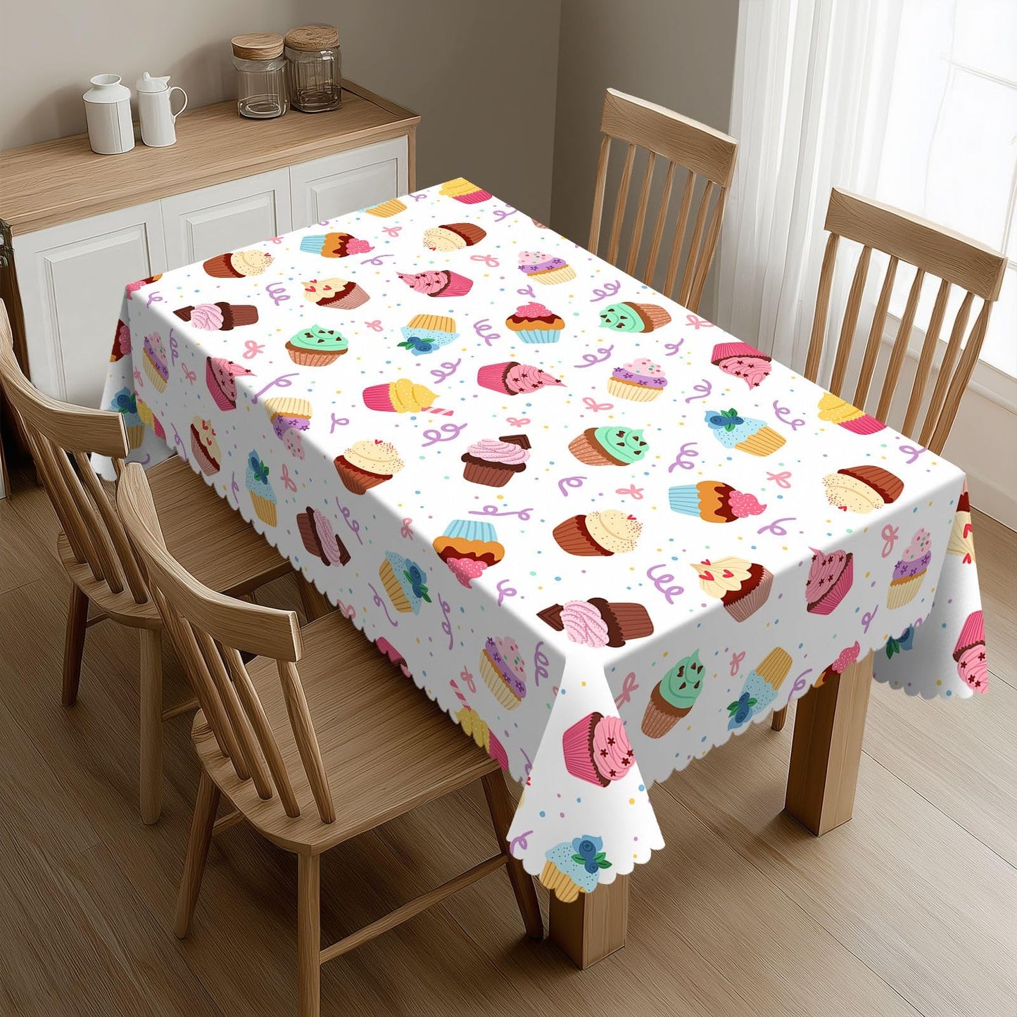 DRAVVIX Cute Cupcakes Rectangular Tablecloth Cartoon Cakes Table Cloth with Wavy Lace Decoration Polyester Table Cover for Dining, Parties 54x72 inch