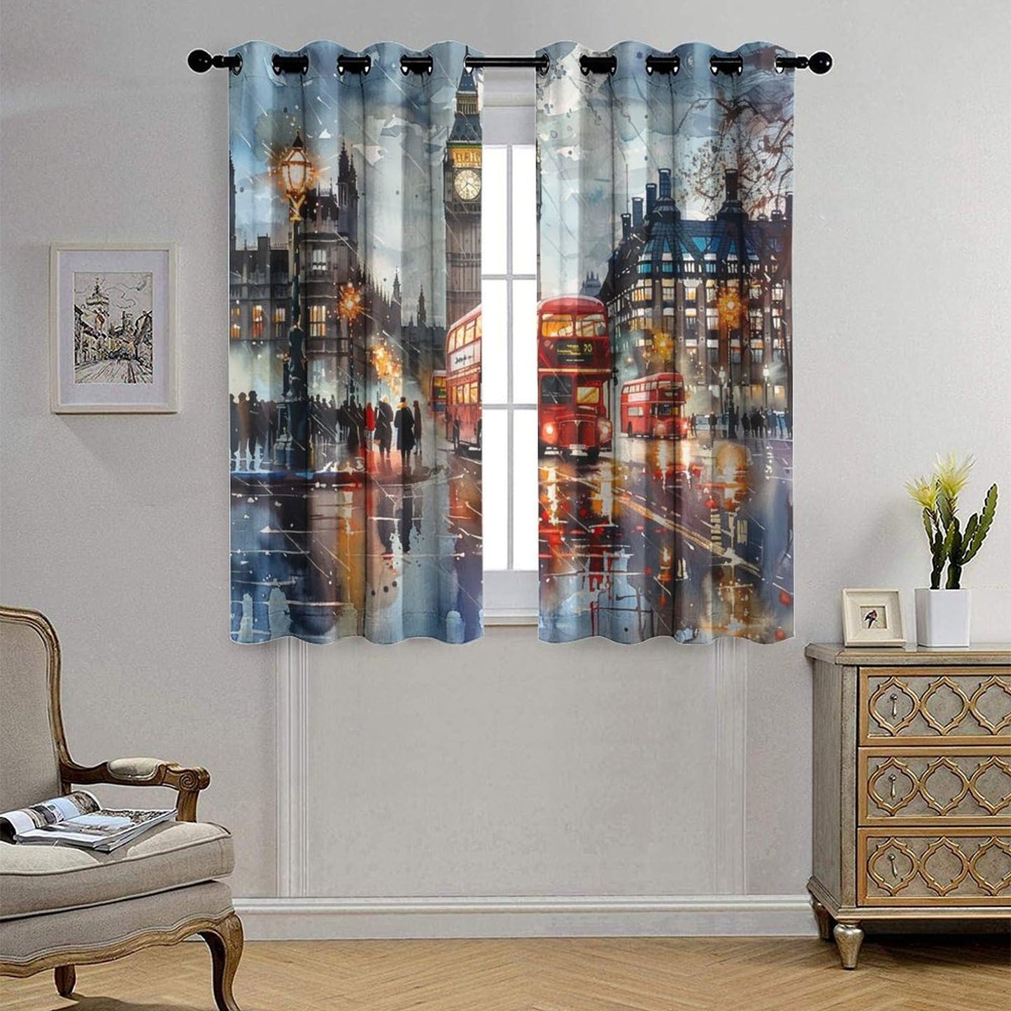 TOWINSFB England London Street Blackout Curtains for Bedroom/Living Room, Famous Cityscape Landmark Grommet Curtains Thermal Insulated Window Drapes, 2 Panels, Each 21W x 45L