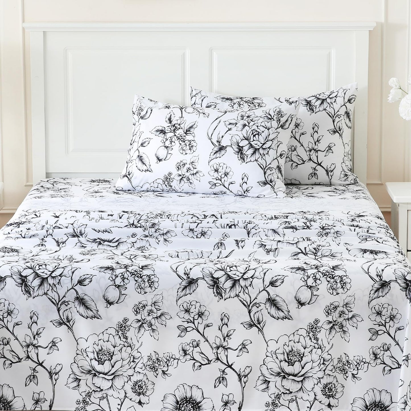 MICORAL Queen Sheet Set Boho Floral Sheets, 4-Piece Printed Botanical Bed Sheets, 16" Deep Pocket, Ultra Soft & Cooling Sheet, Oeko-TEX Certified, Black White Flower
