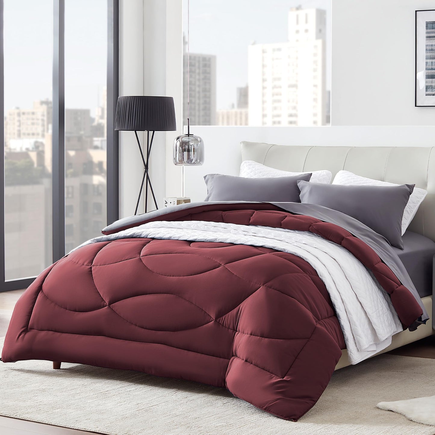SLEEP ZONE Comforter Duvet Insert, Queen Size Quilted Reversible Comforters, Soft All Season Duvet, Down Alternative Breathable Bedding with 8 tabs, 2 Sides Burgundy Gray 88 x 88 Inches