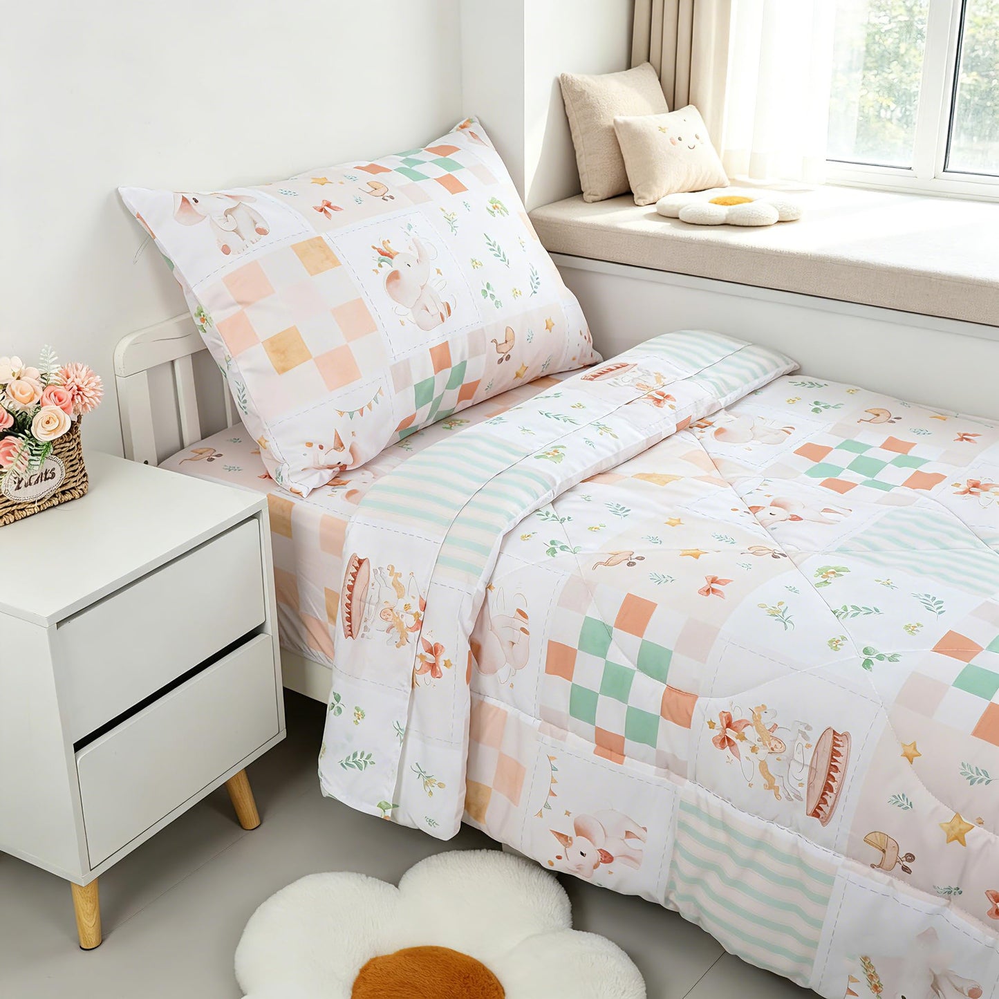 SWESEN Toddler Bedding Set for Girls, Toddler Girls Bedding Set, Soft & Lightweight 4 Piece Toddler Comforter Sets Include Comforter, Flat Sheet, Fitted Sheet, Pillowcase, Elephant