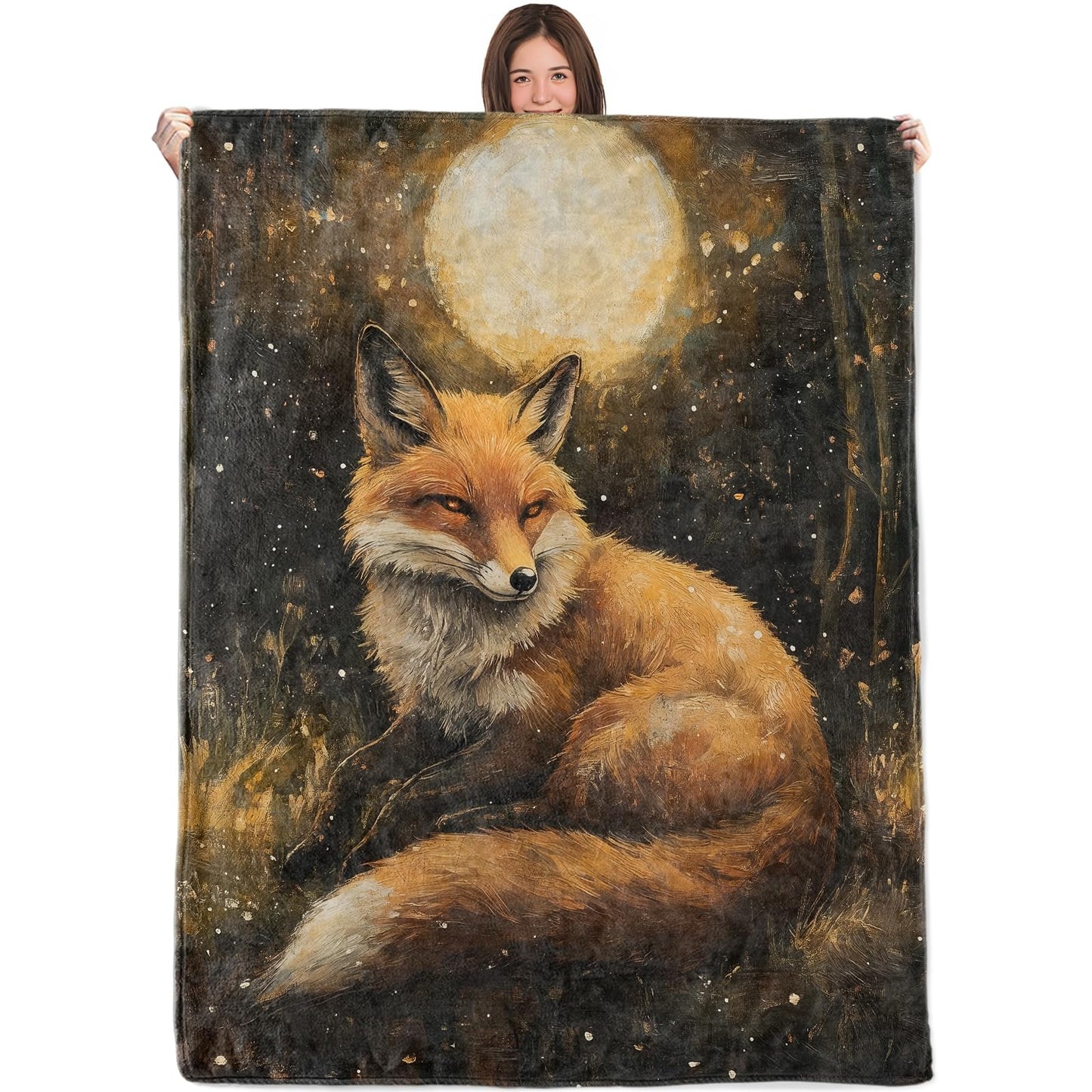 WKEDIN Woodland Fox Blanket,50x60in,Cozy Flannel Throw with Autumn Night Scene Full Moon Design,Soft Lightweight Gifts Blankets for Women,Sofa Bed Travel Camping Rustic Nature Cabin Decor
