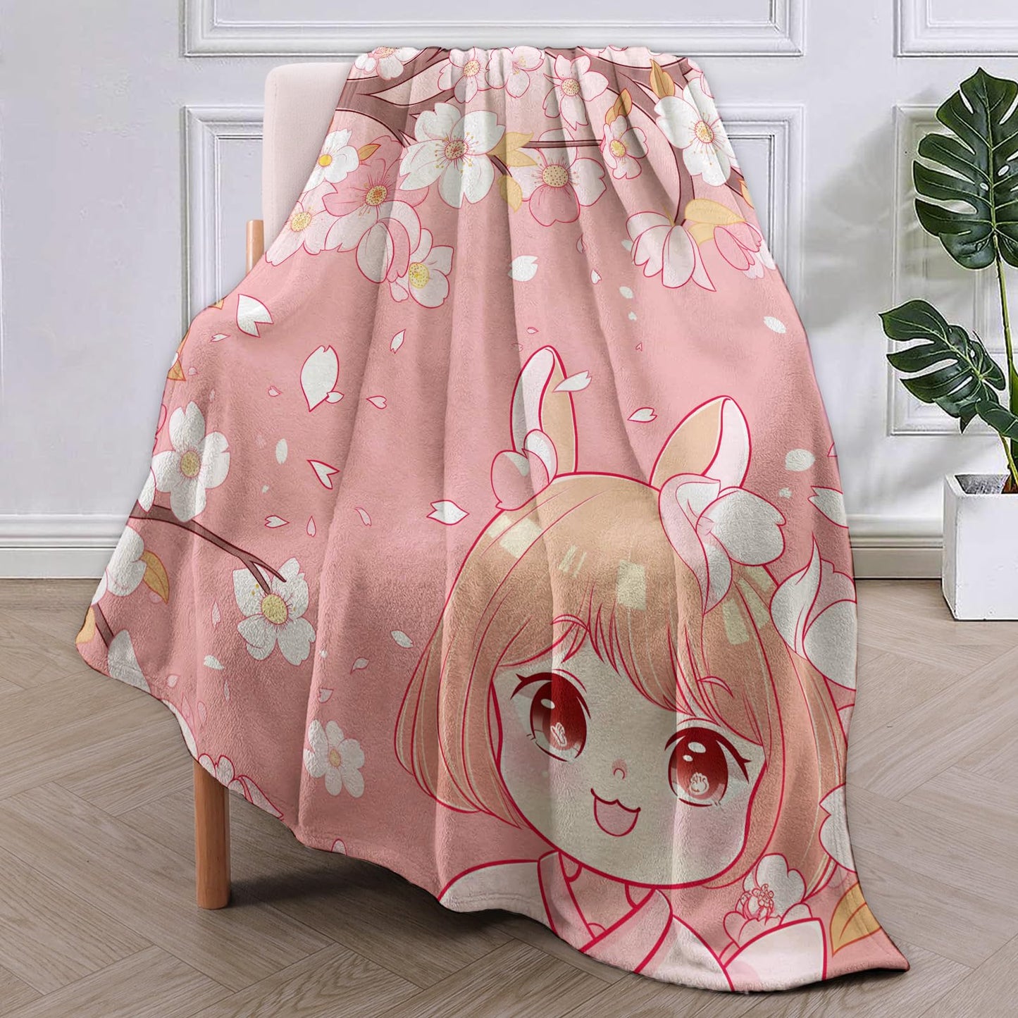 VANZEV Cherry Blossoms and Cute Anime Girl Flannel Blanket,Pink Floral Soft Lightweight Throw Blankets Gifts for Girls Anime Fans,50" x 60" Perfect for Couch Bed Home Travel Decor