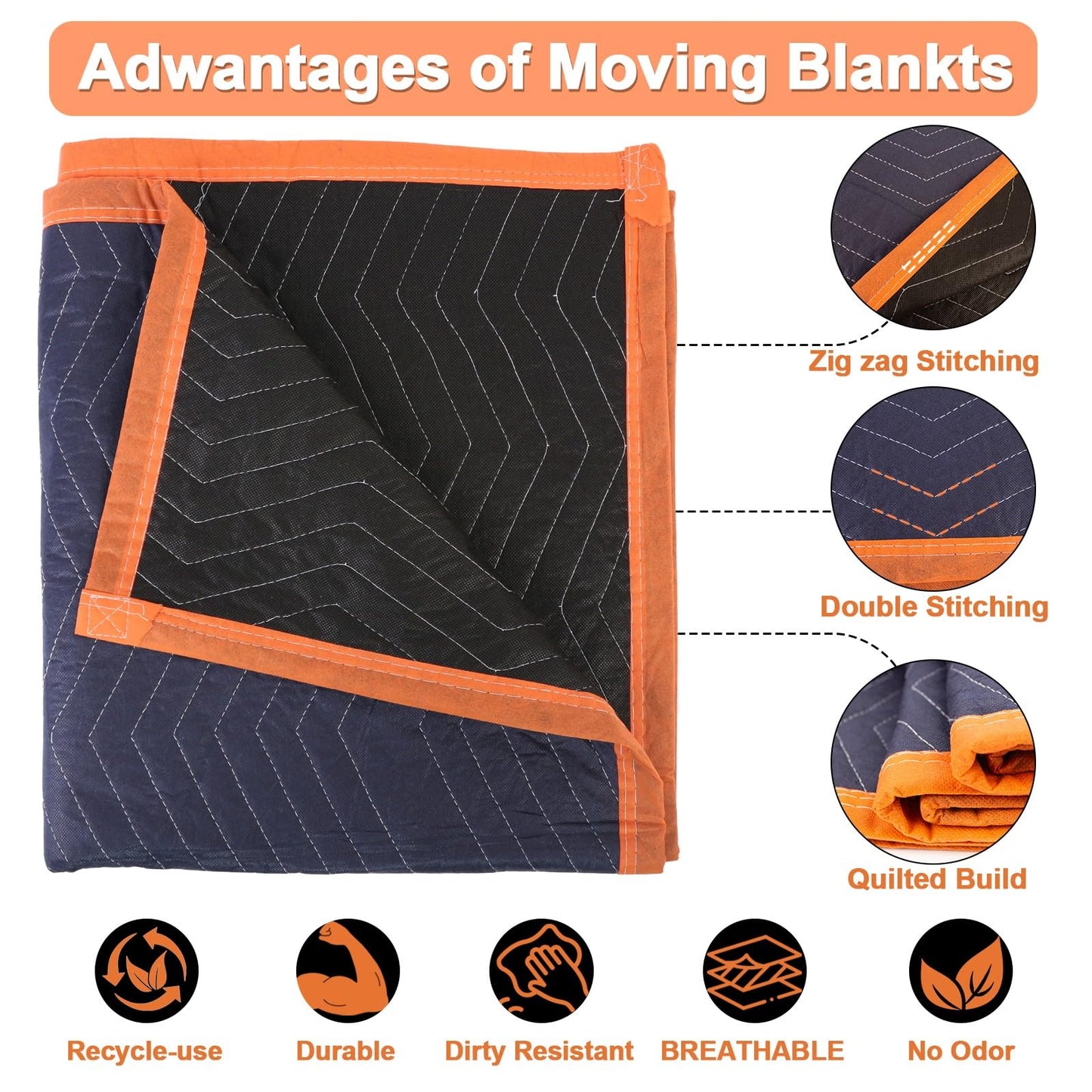 YMTLJHDSY 2 Moving Blankets 72x80in with 1 Elastic Rubber Band (196in Extendable to 400in) – Durable Quilted Moving Blanket-Heavy Duty Shipping Blankets (Total Weight 8.8 lbs,Black/Blue)