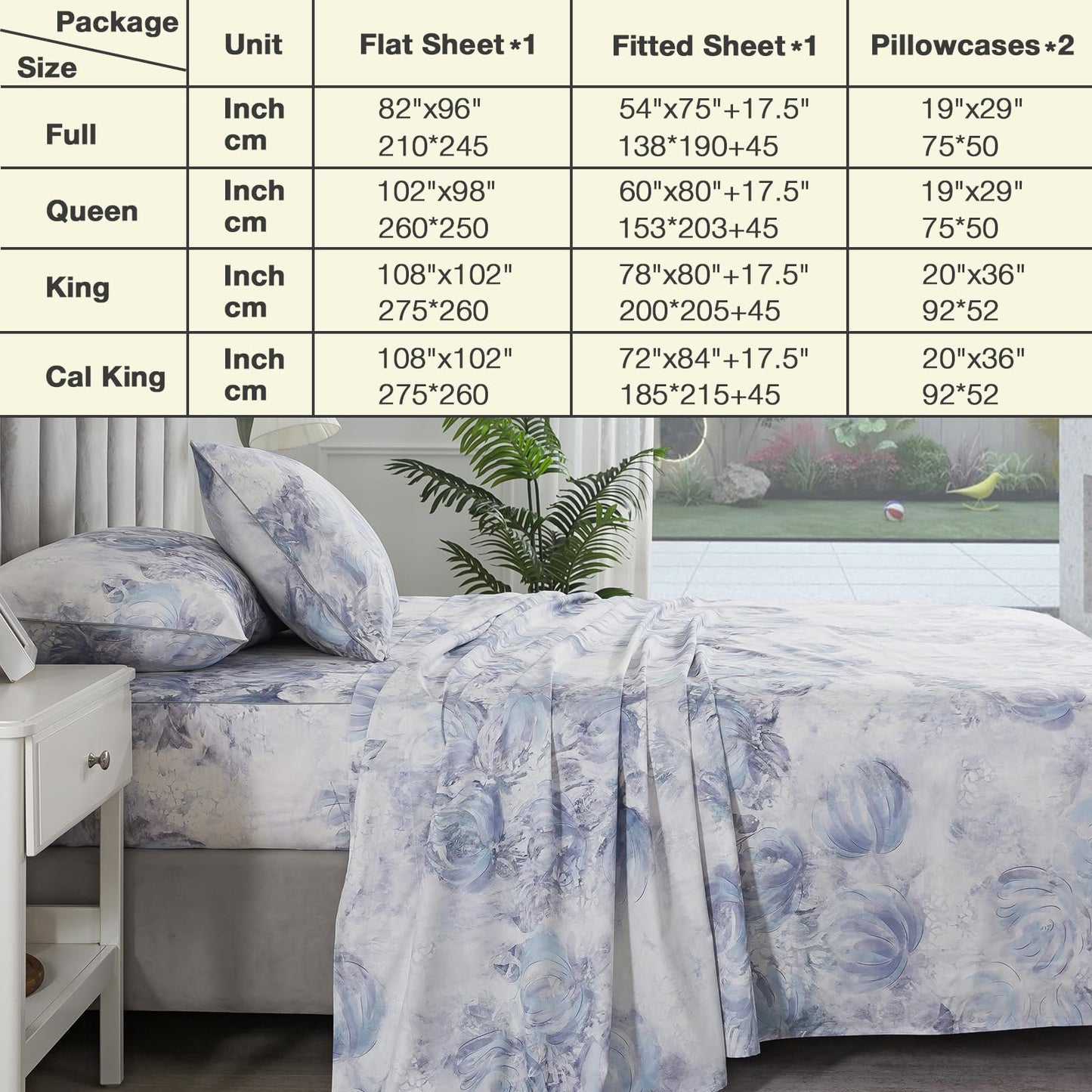 Puralens Blue Floral Cozy House Percale Sheets Queen, 100% Cotton White Flower Deep Pocket Vintage Sheet Set, Abstract Aesthetic Soft Crisp Toile Bed Sheets, Shabby Chic Farmhouse Bedding, 4Pcs