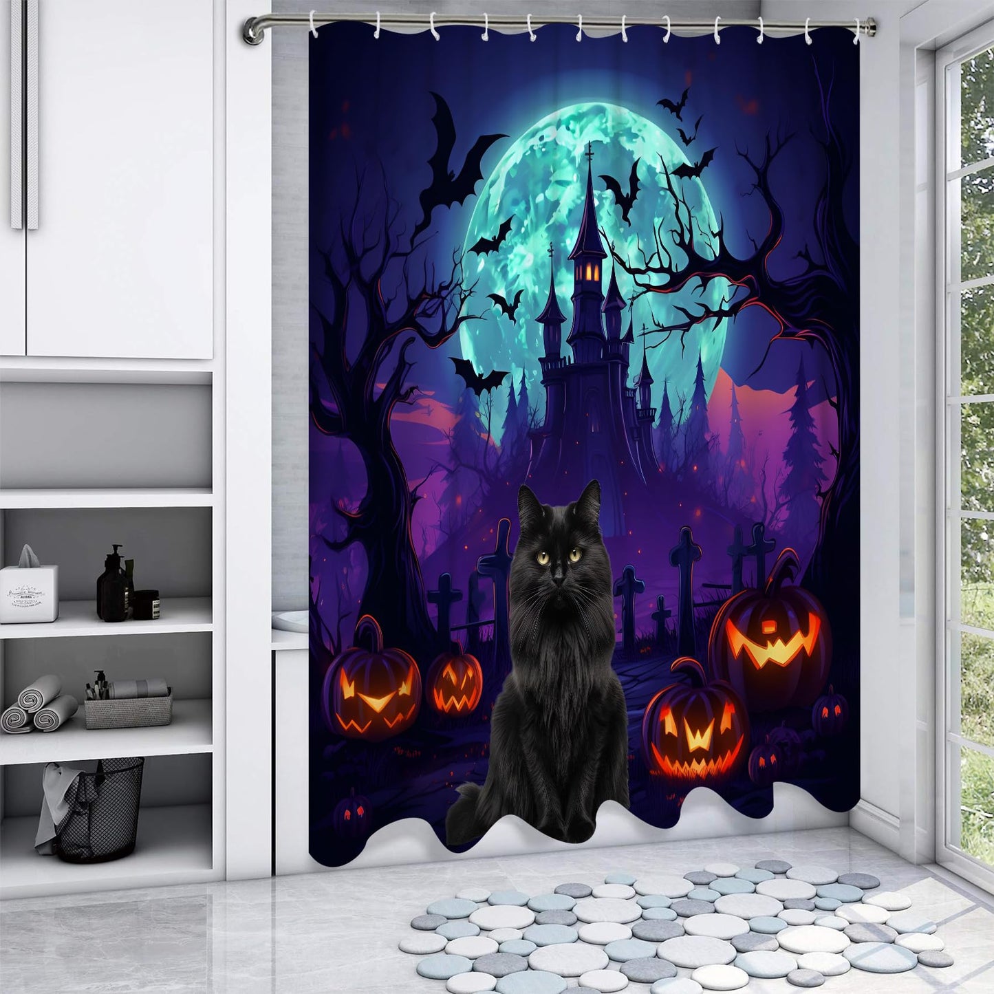 DuriLolly Haunted House Halloween Shower Curtain Scary Black Cat Bats Cemetery Castle Shower Curtains Horror Pumpkins Lantern Full Moon Night Halloween Bathroom Decor Waterproof Fabric 71x71 inch