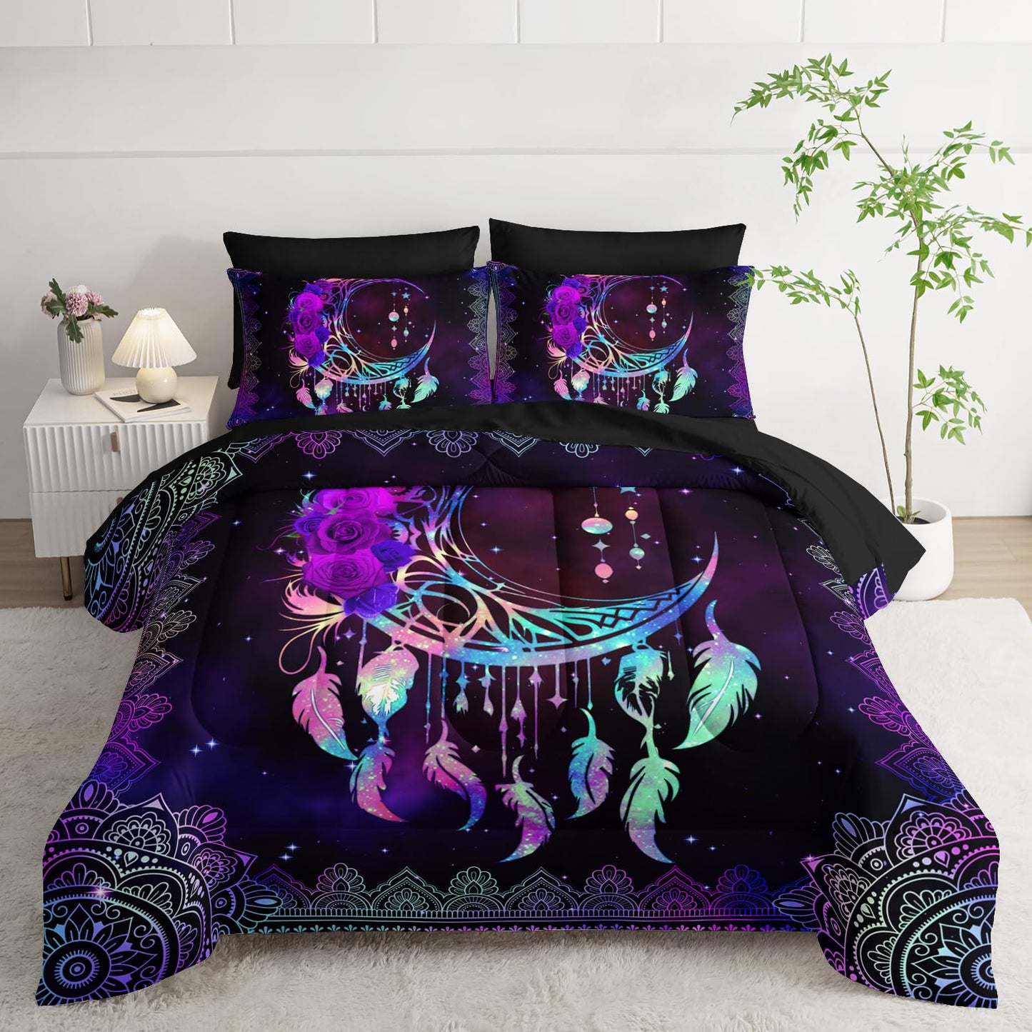 AILONEN Moon Dream Catcher Comforter Set - 7Pcs Soft Queen Size Bed in a Bag - Neon Mandala Boho Comforter,Fitted Sheet,Flat Sheet,2 Pillowcases,2 Pillow Shams for Room Decor
