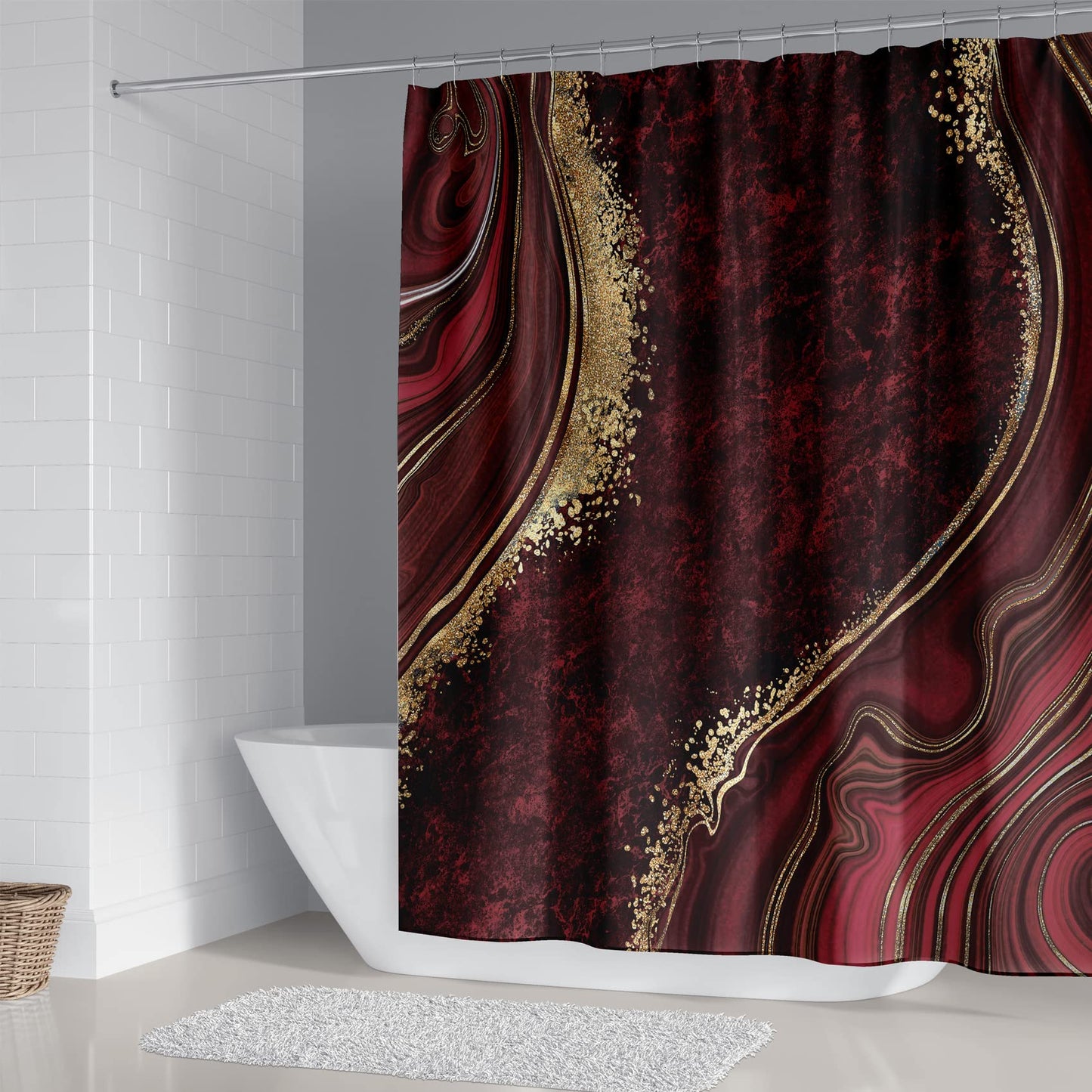 beifivcl 4Pcs Luxury Marble Shower Curtain Sets, Bathroom Sets with Shower Curtain, Toilet Lid Rug, Contour Mat and Bath Mat, Shower Curtain with 12 Hooks for Bathroom Set Decor (72 x 72 Inch), Red