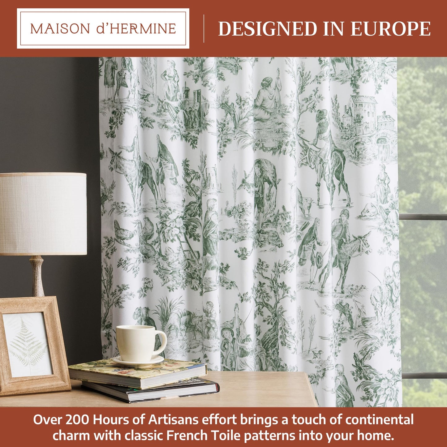 Maison d' Hermine Curtains for Living Room 100% Cotton 96 inch Length One Panel Light Filtering Toile Curtains with Rod and Loop Pockets (The Miller Antique Green (White Background), 50" W x 96" L)