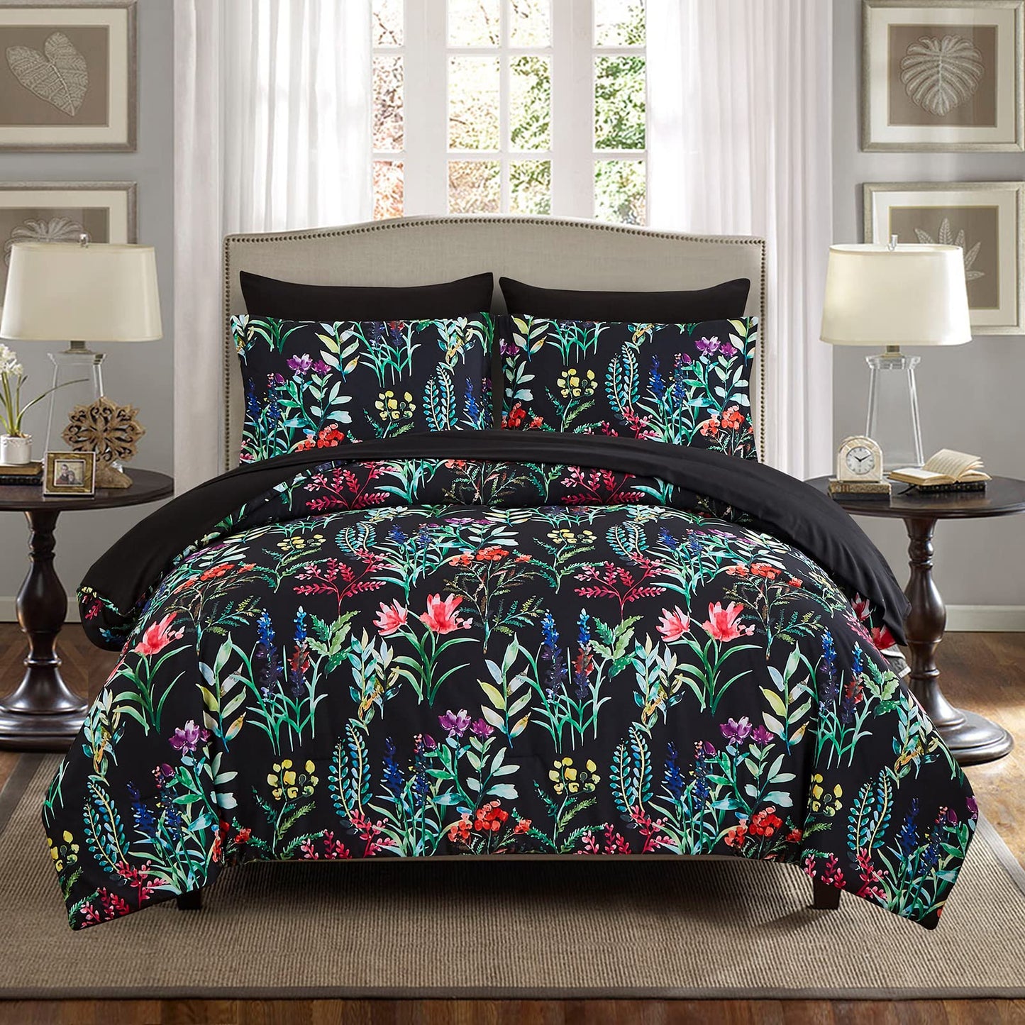 DHSFKBE 7 Piece Bed in a Bag Floral Comforter Set, Botanical Flowers Comforter and Sheet Set, Soft Microfiber Lightweight Bedding Comforter Set for All Season(Dark Floral, Queen)
