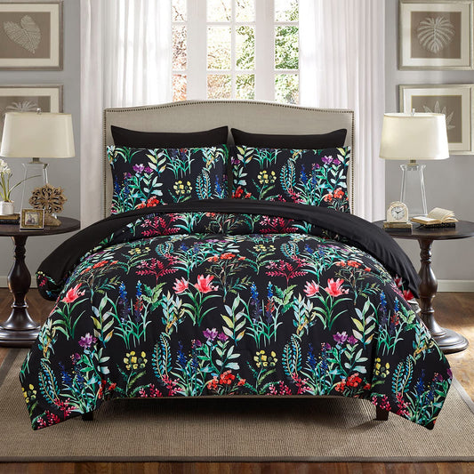 DHSFKBE 7 Piece Bed in a Bag Floral Comforter Set, Botanical Flowers Comforter and Sheet Set, Soft Microfiber Lightweight Bedding Comforter Set for All Season(Dark Floral, Queen)