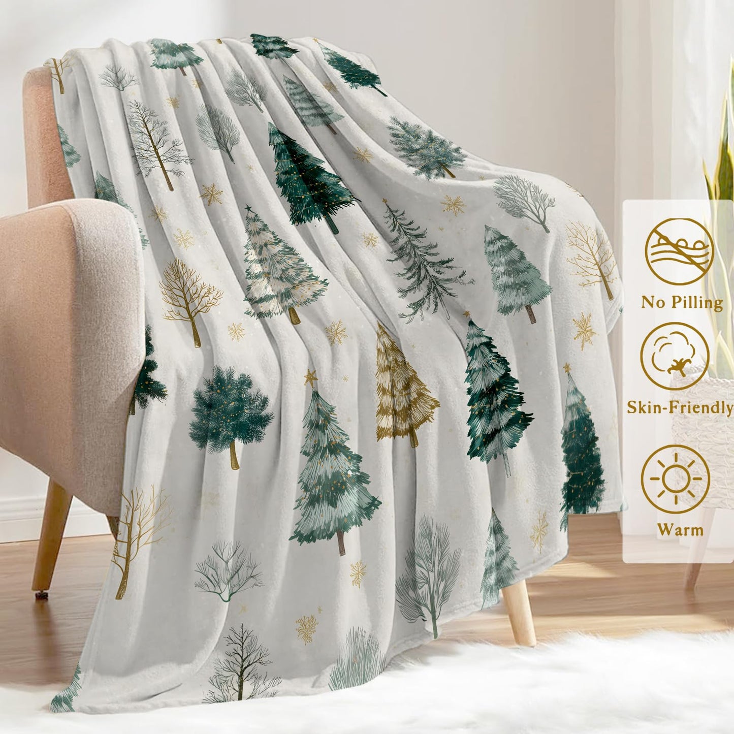 ainori Christmas Decorative Blanket, Elegant Tree and Snowflake Print Throw Decoration, Soft Flannel Winter Blankets for Couch Bed Sofa, Holiday Home Decor, Xmas Festival Gifts White 50x60 Inch