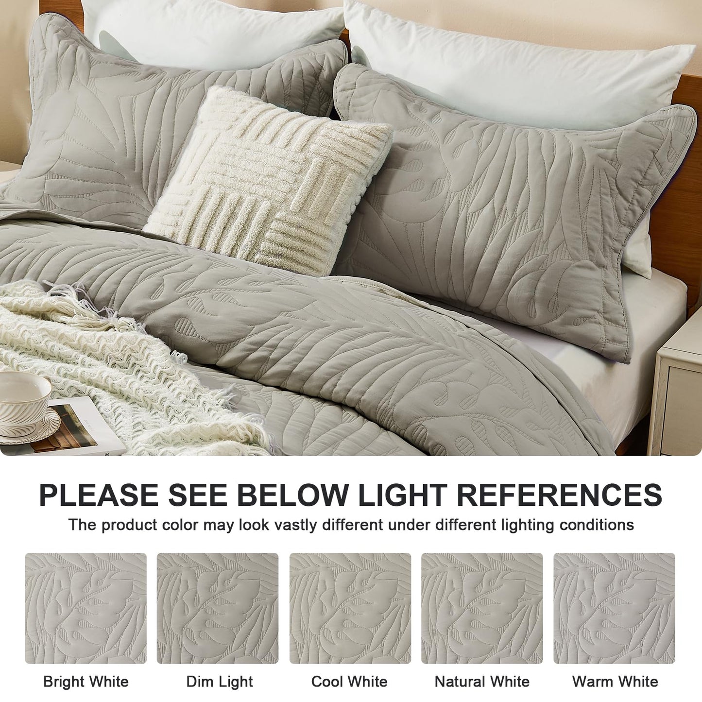 DaisyHuang Quilt Set King Size -Leaves Pattern Stitching Quilt Set - Elegant & Fresh Style Bedding Coverlets, Ultrasonic Quilting, Reversible, Lightweight, 4 Piece, Taupe