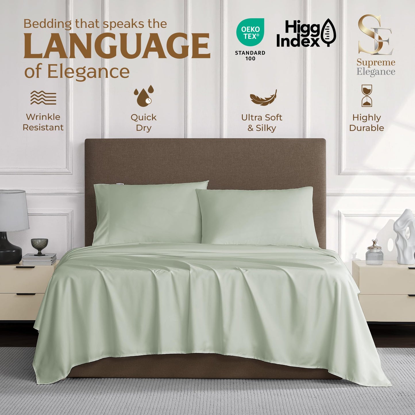 Supreme Elegance 1200 Thread Count King Size Bed Sheets Set, Pastel Green, 4 Pieces Cotton Rich Sateen Sheets Set, Soft, Durable & Wrinkle Resistant, Luxury Hotel Bedding, 16" Deep Pocket Fitted Sheet