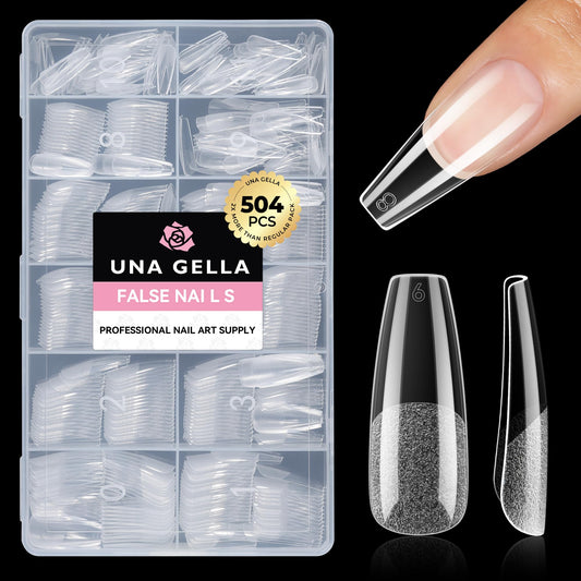 UNA GELLA Long Coffin Nail Tips, 504pcs Pre-Shape Fake Nails Half Matte Full Cover Acrylic Gel Nail Tips Clear Long Coffin Press On Nails Home DIY Extension 12 Sizes Gelly Tips