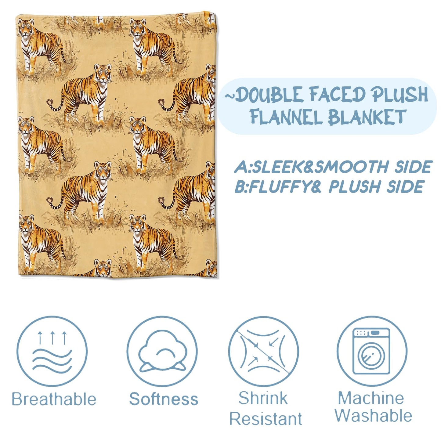 Tiger Fleece Throw Blanket for Bed, Sofa, Travel and Camping - Super Soft Cozy Flannel Plush for All Seasons - Tiger Decor Gift for Adults and Kids - 50"60"