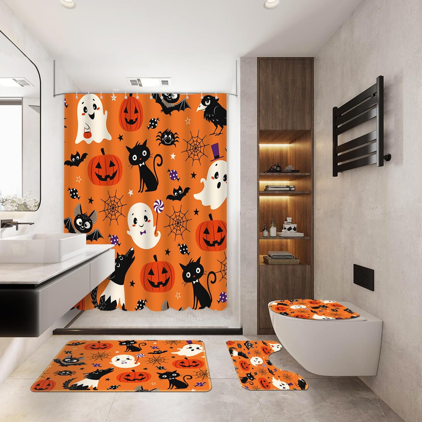MEHOFOND 4pcs Halloween Boo Shower Curtain Set,Halloween Spooky Shower Curtain Sets,All Hallows' Eve Skull Bat Spider Bathroom Decor for Kids with Non-Slip Rugs Toilet Lid Cover and Bath Mat 72x72 in