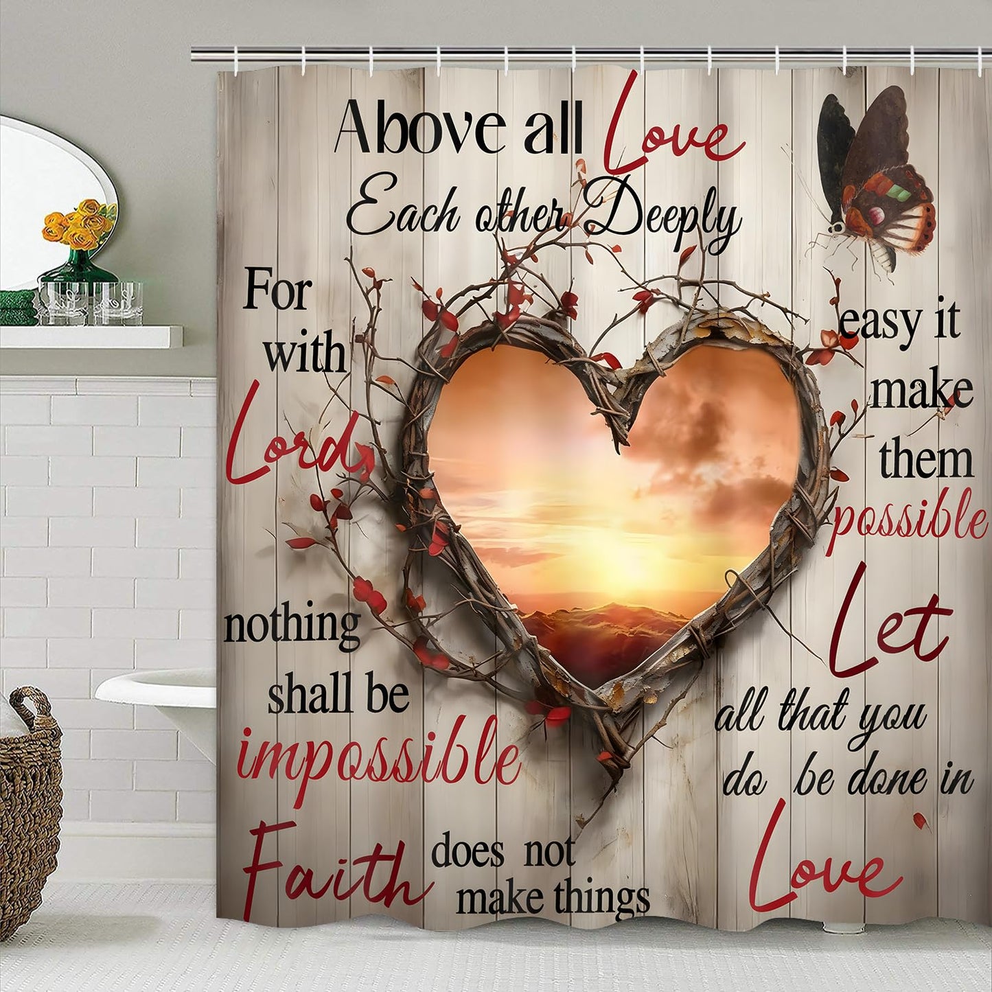 AZHM Sunset Love Heart Shower Curtain Set 4 PCS Inspirational Quote Bathroom Rug Set with Shower Curtain and 12 Hooks